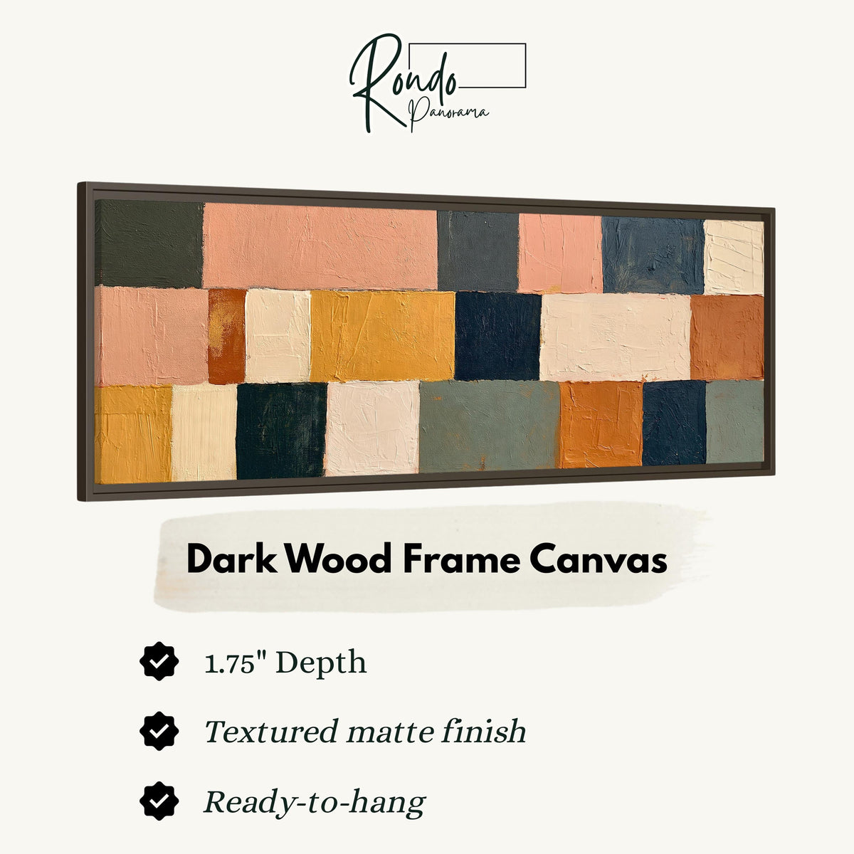 Mustard, sage, blush and navy patchwork canvas print in a dark wood floating frame