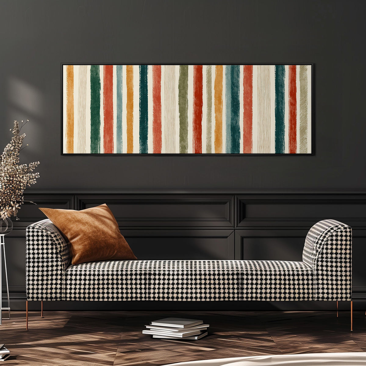 Boho watercolor stripes in mustard, teal and rust wide panoramic canvas print above a bench in a dark living room