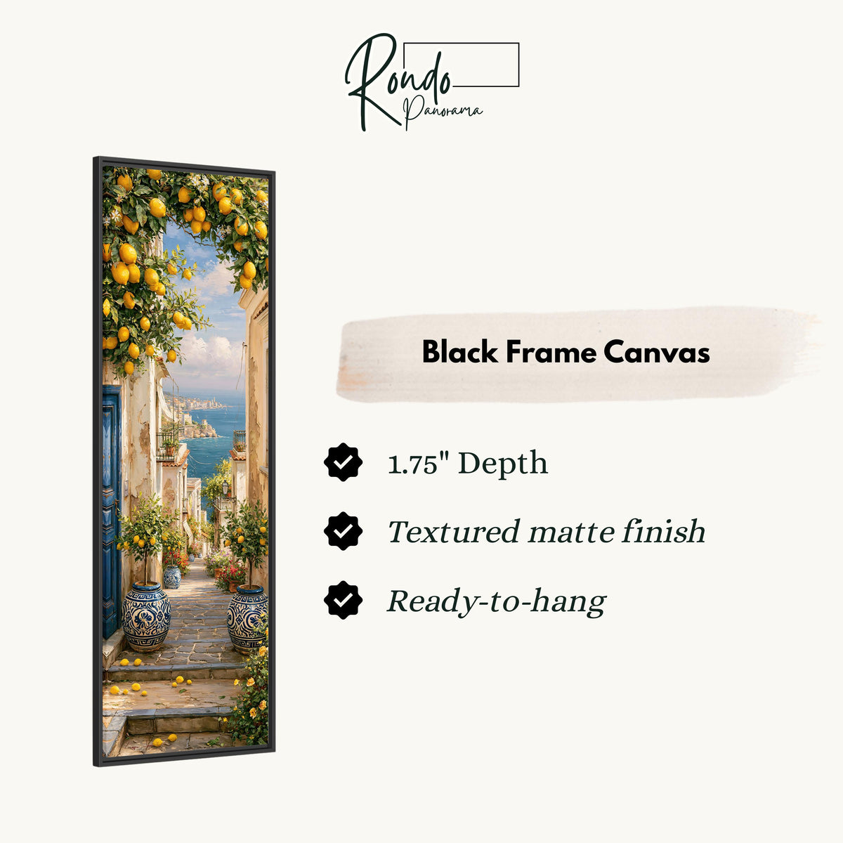 Lemon tree alley leading to the sea canvas print in a black floating frame