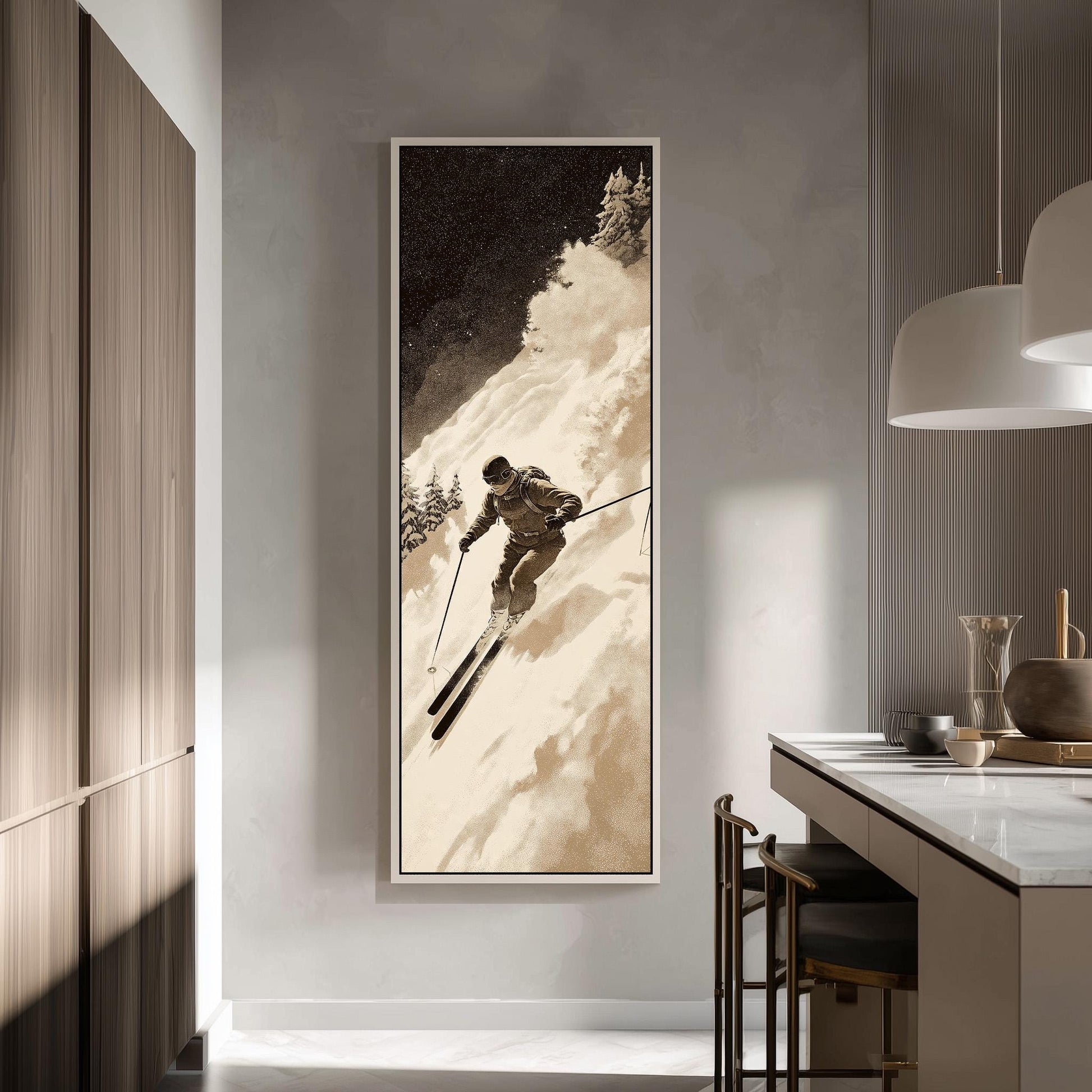 a person skiing down a snowy mountain slope, with a ski pole in hand and skis attached to their feet.