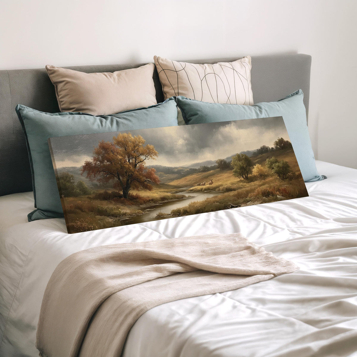 Autumn river valley under a stormy sky wide panoramic canvas print laid on a bed to show its size