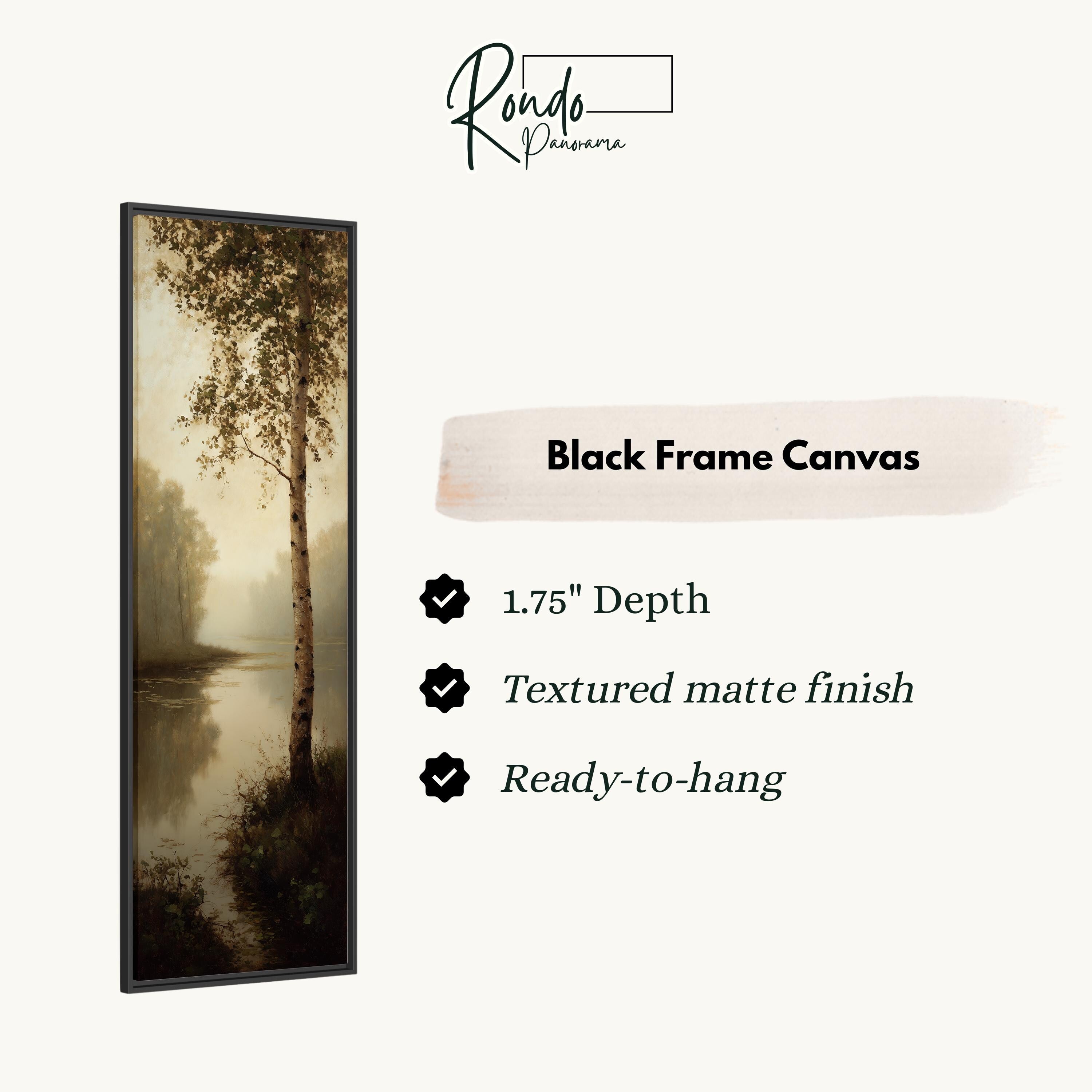 The image is a black frame canvas depicting a serene landscape with a tree and a body of water.