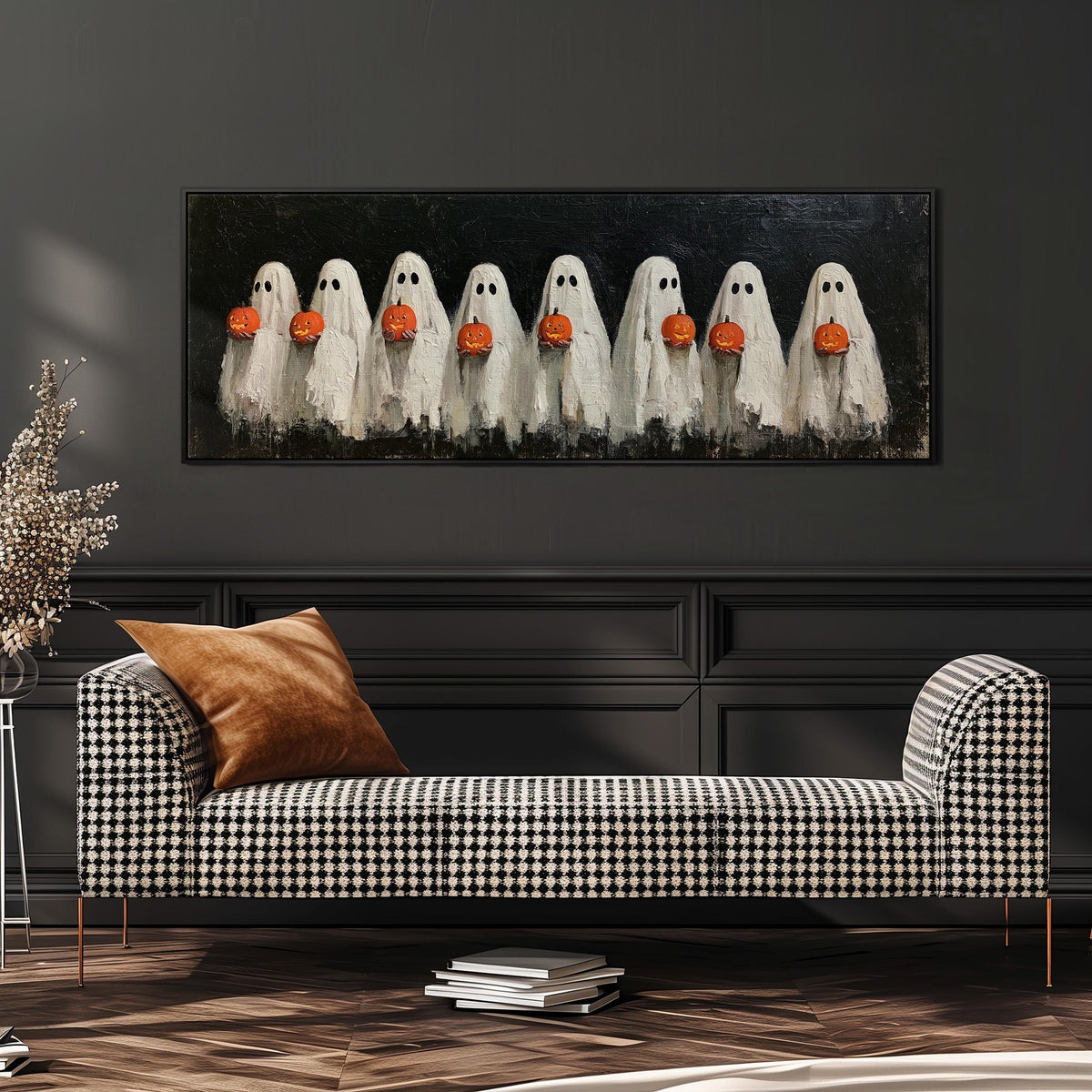 Crowd of huddled ghosts with pumpkins wide panoramic canvas print above a bench in a dark living room