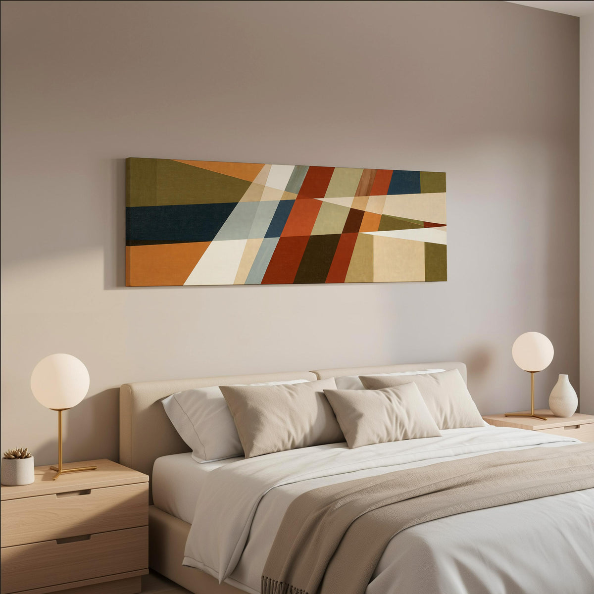 Rust and navy diagonal color blocks wide panoramic canvas print above a bed in a neutral bedroom