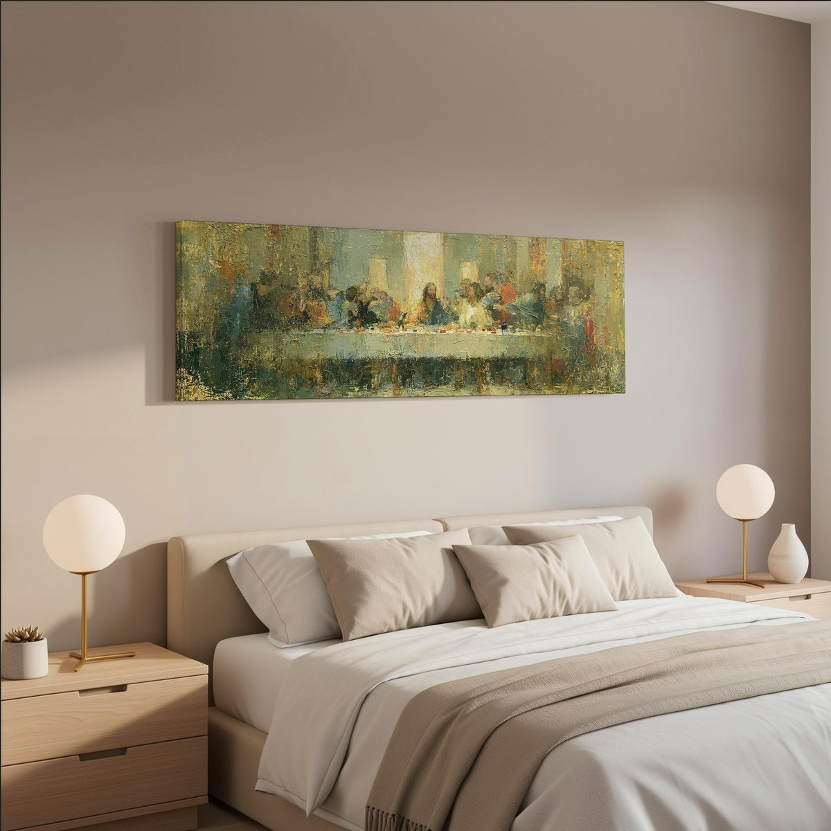The Last Supper in golden impasto texture wide panoramic canvas print above a bed in a neutral bedroom
