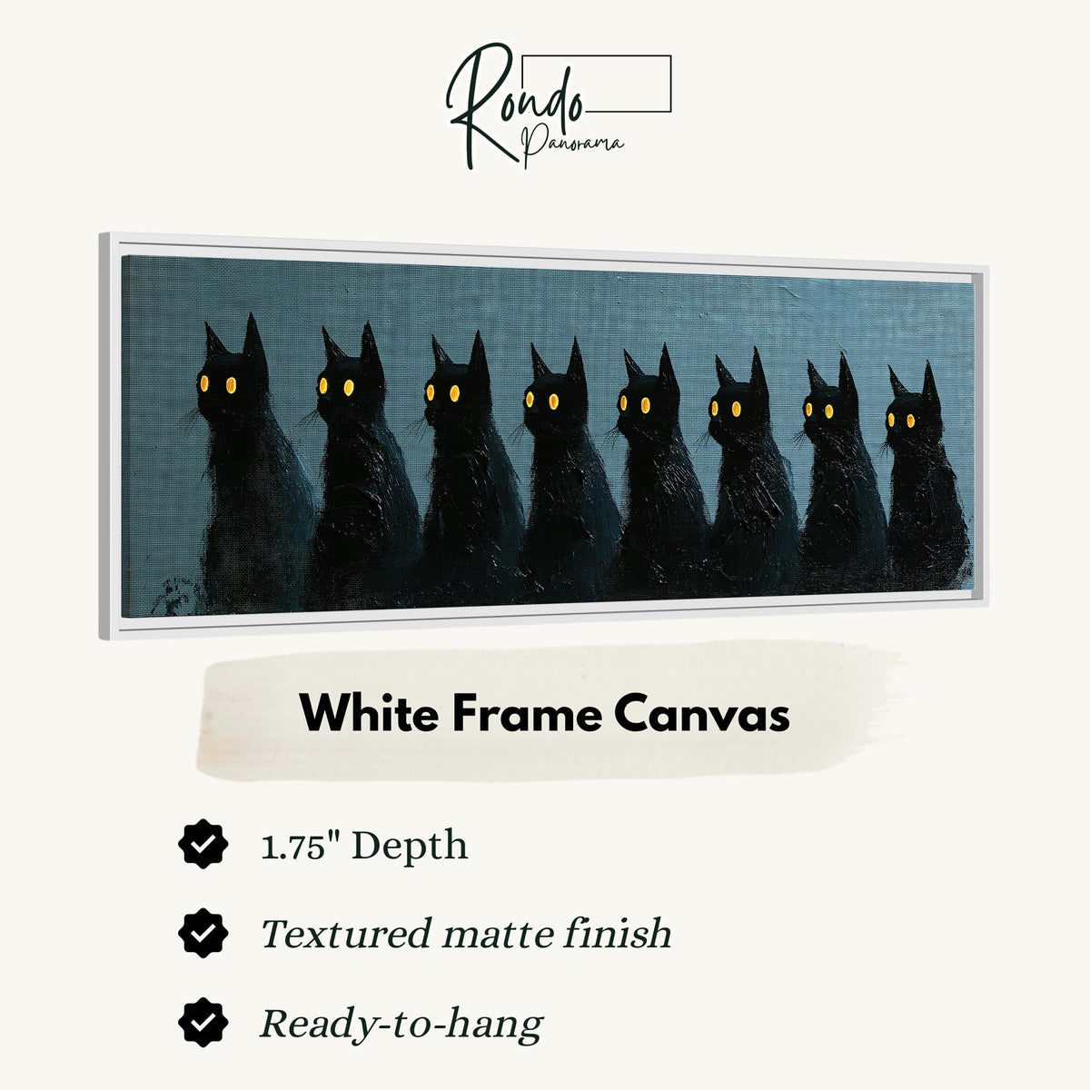 Row of black cats with glowing eyes canvas print in a white floating frame