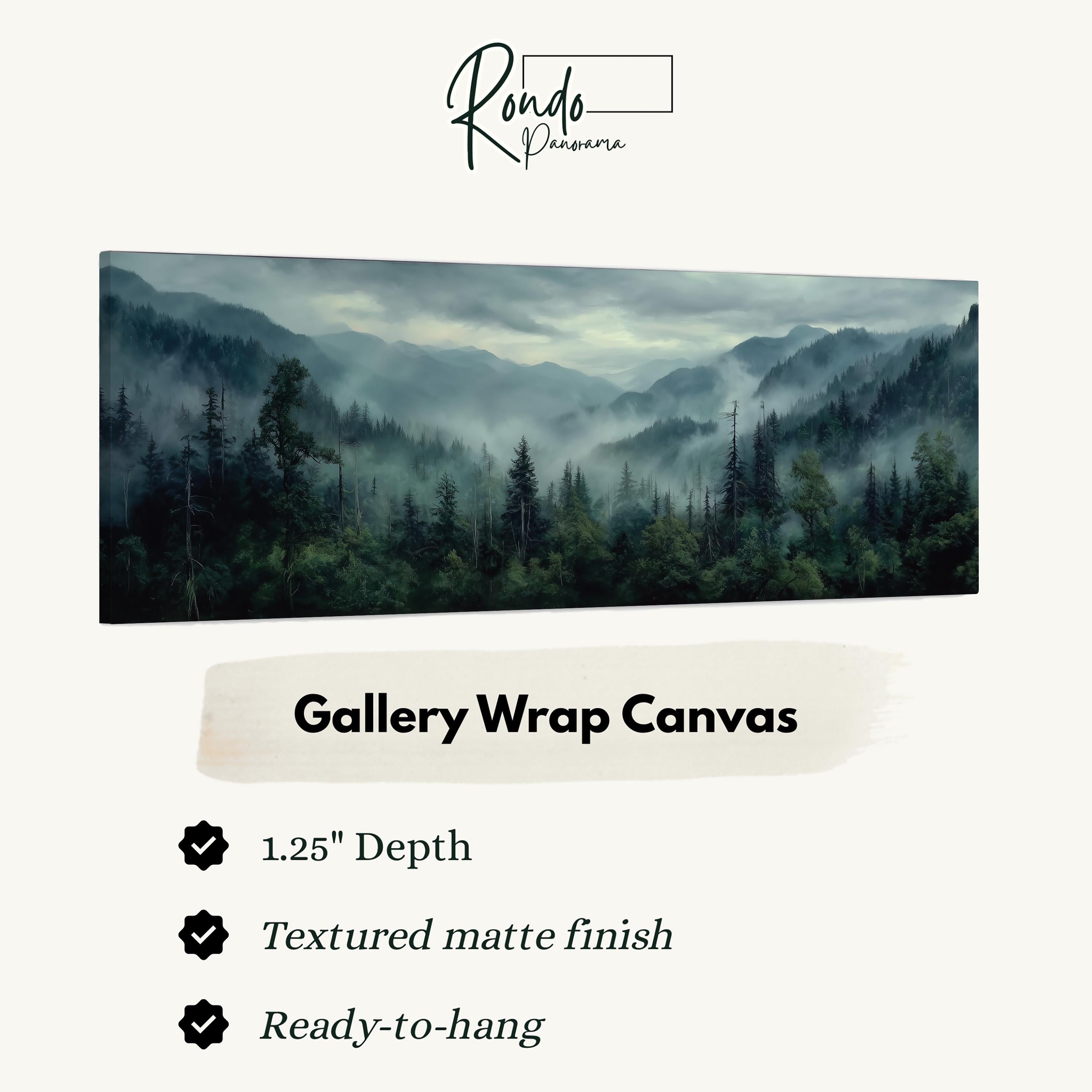 The image is a landscape painting depicting a forested mountain range with a misty, hazy atmosphere.