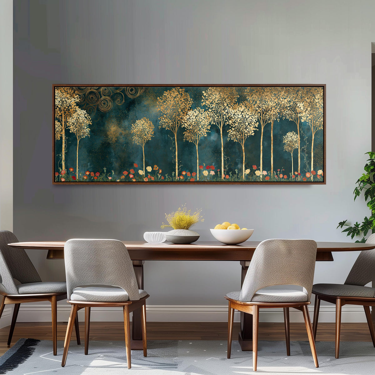 Gold leaf trees above red poppies on teal long horizontal canvas print above a dining table