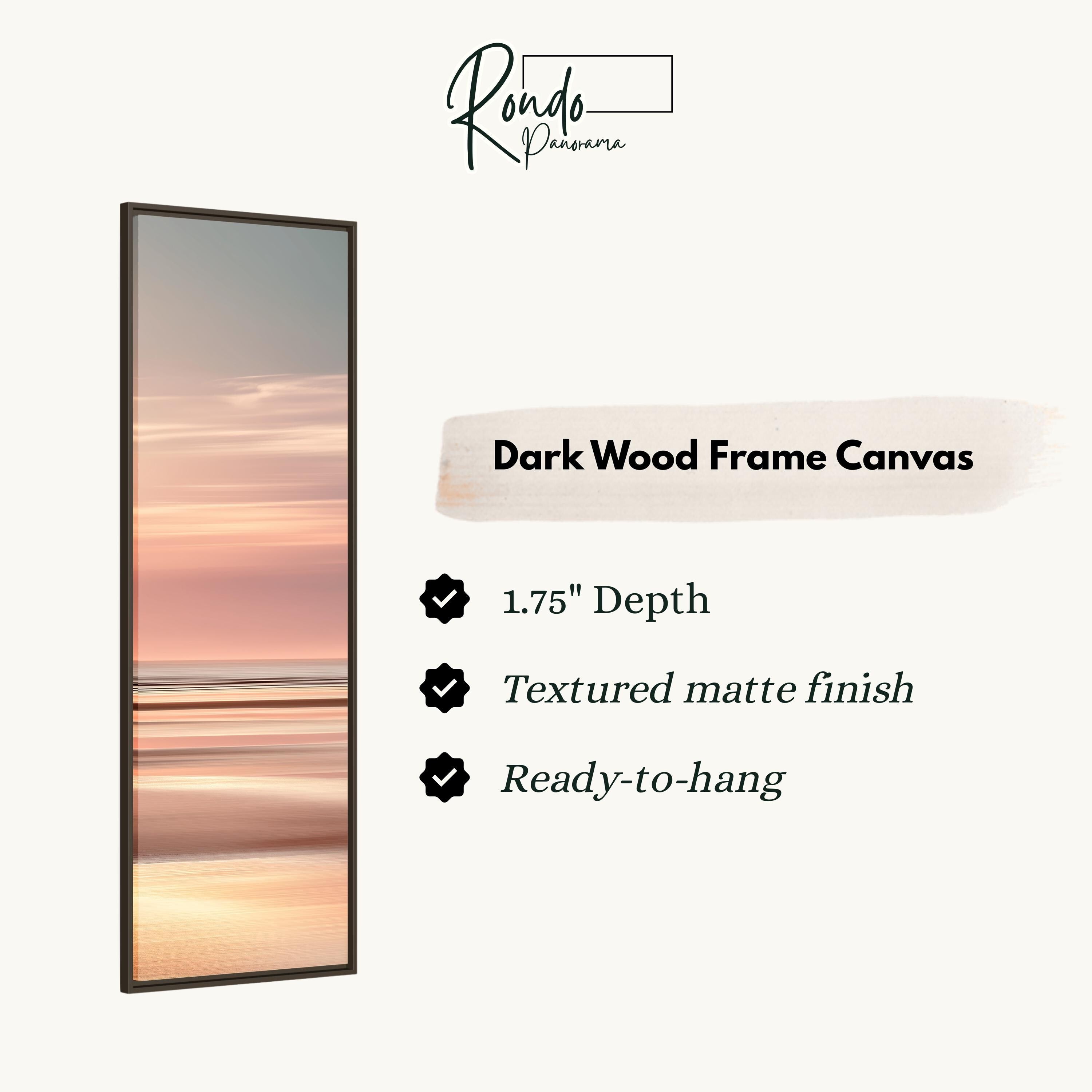 The image is a product description for a dark wood frame canvas. It features a vertical image of a sunset over the ocean, with a description of the product's features and dimensions.
