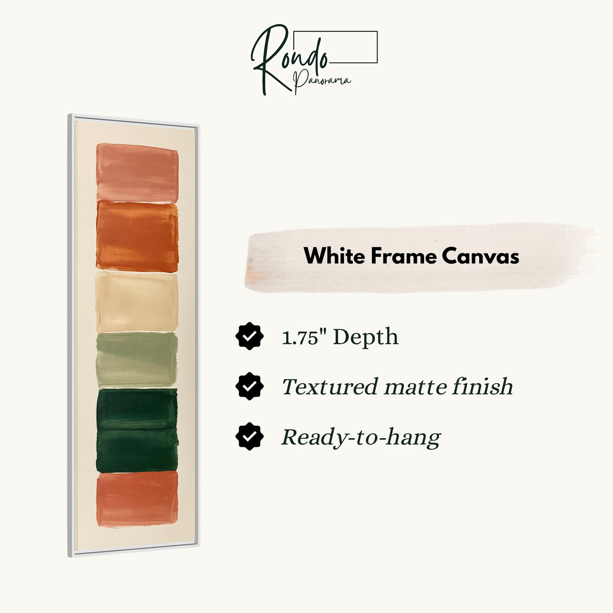 Stack of terracotta, cream and sage swatches canvas print in a white floating frame