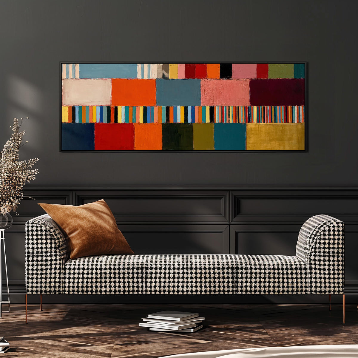 Rainbow patchwork color bands wide panoramic canvas print above a bench in a dark living room