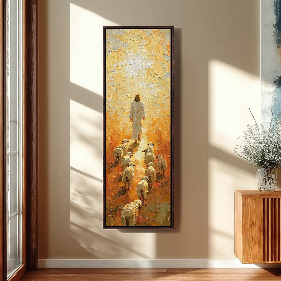 Jesus walking with his flock in golden light long vertical canvas print in a sunlit living space