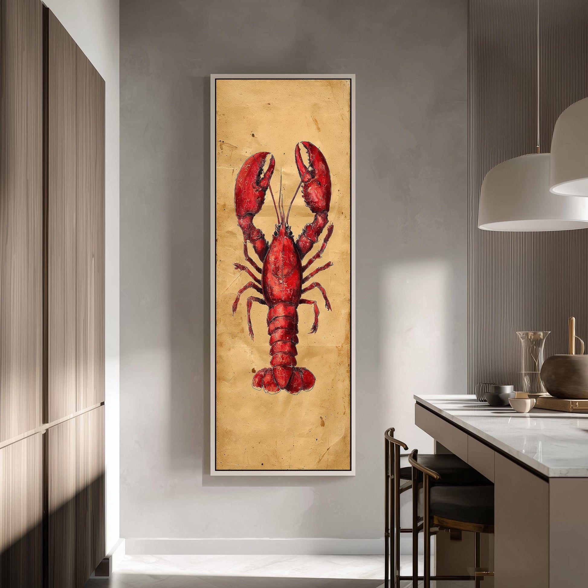 a large framed painting of a red lobster on a beige background, hanging on a wall in a modern kitchen.