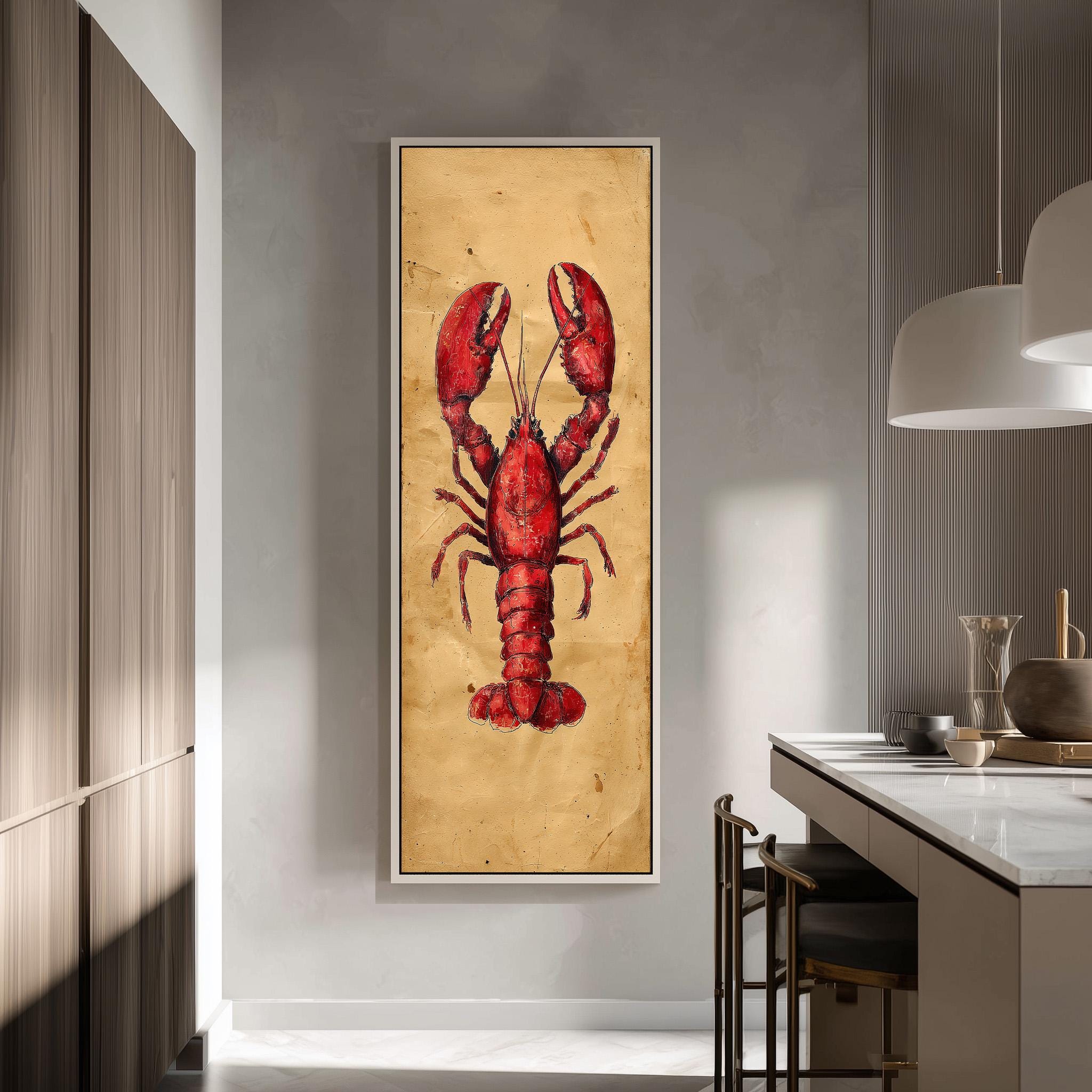 a large framed painting of a red lobster on a beige background, hanging on a wall in a modern kitchen.