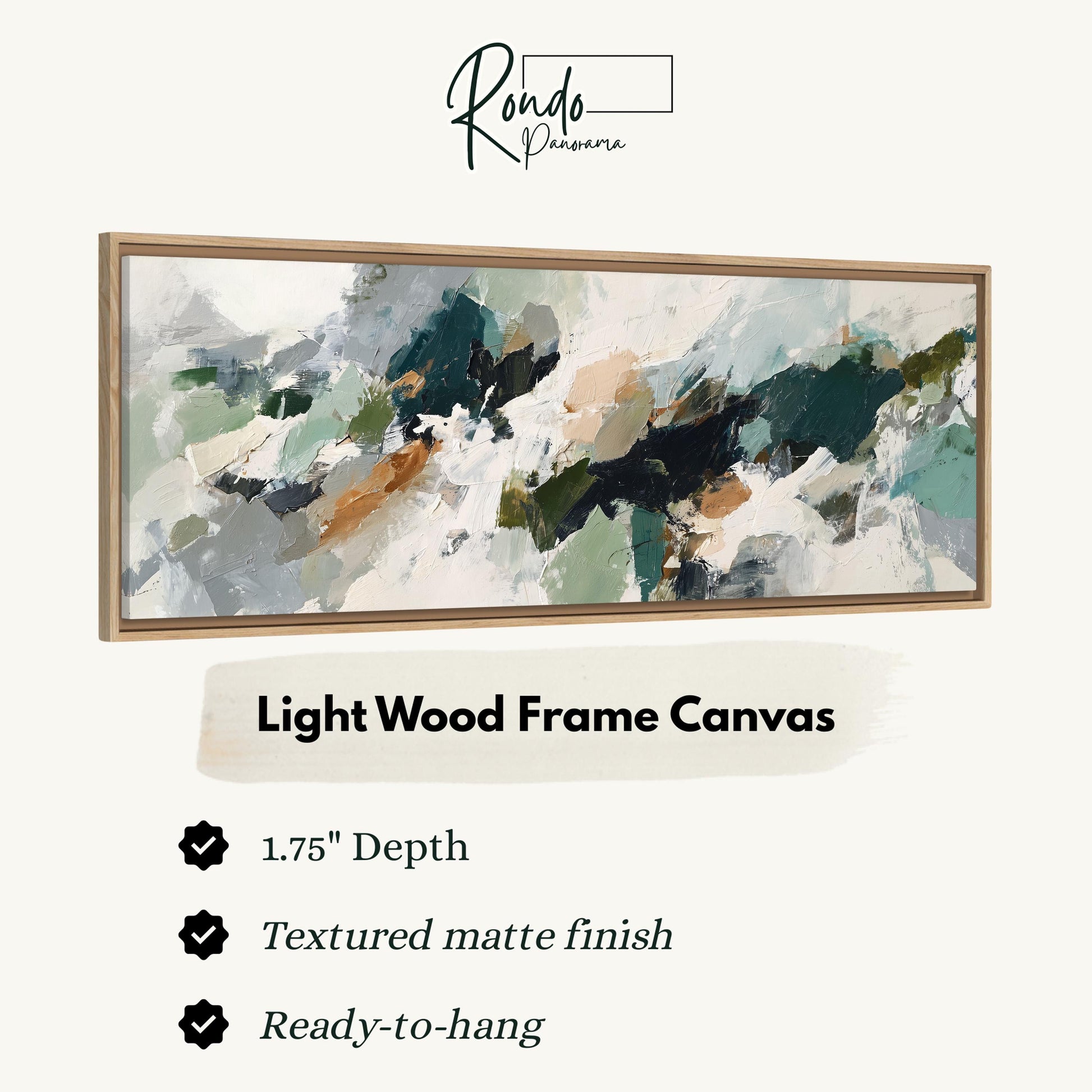 The image is a product advertisement for a light wood frame canvas. It features a large abstract painting with a textured finish and a 1.75" depth. The product is described as a "Ready-to-hang" frame canvas, and it has a textured matte finish.