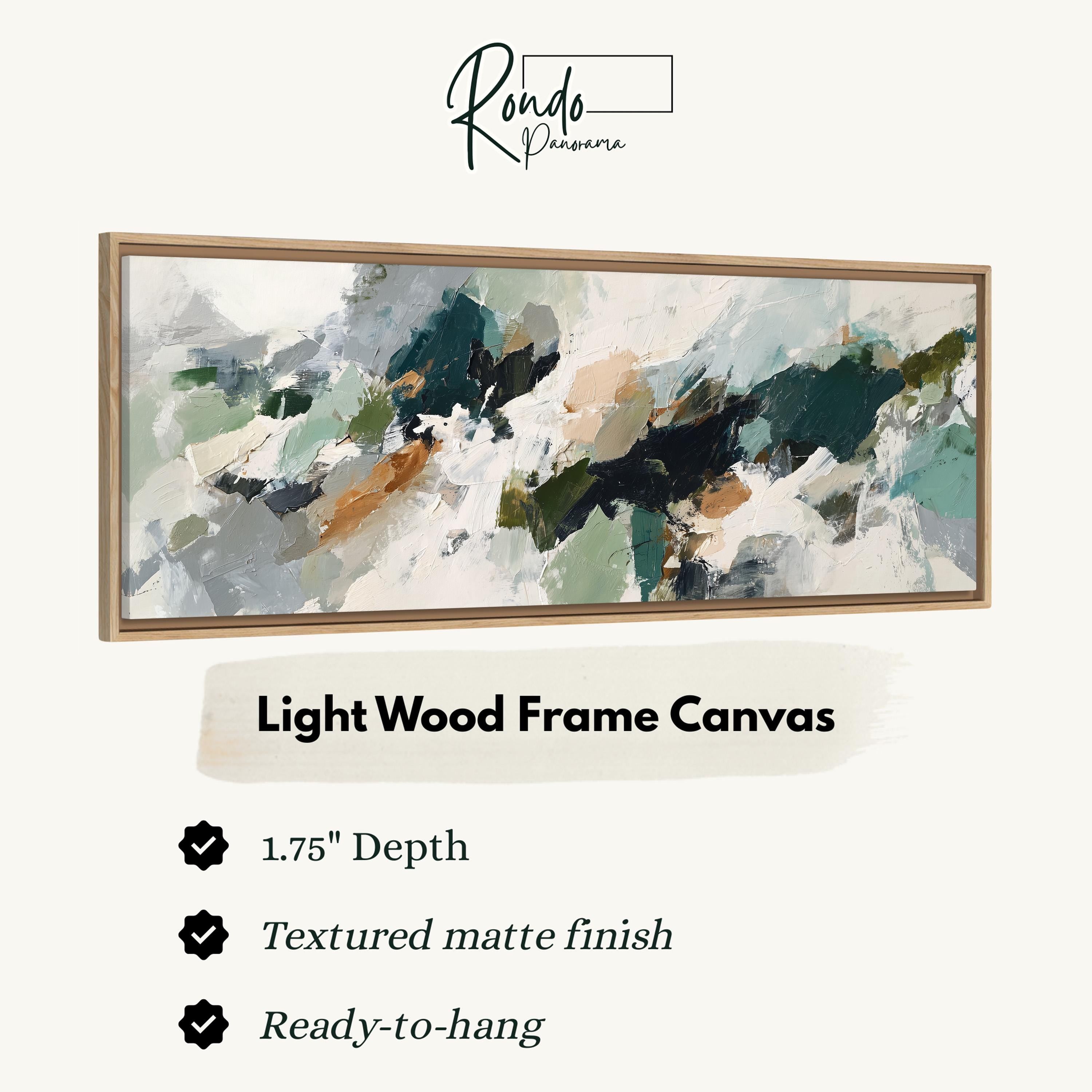 The image is a product advertisement for a light wood frame canvas. It features a large abstract painting with a textured finish and a 1.75" depth. The product is described as a "Ready-to-hang" frame canvas, and it has a textured matte finish.