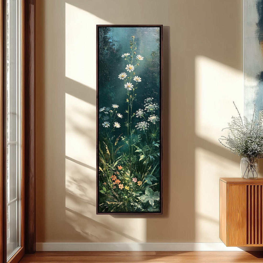 Daisies and Queen Anne's lace on dark teal long vertical canvas print in a sunlit living space
