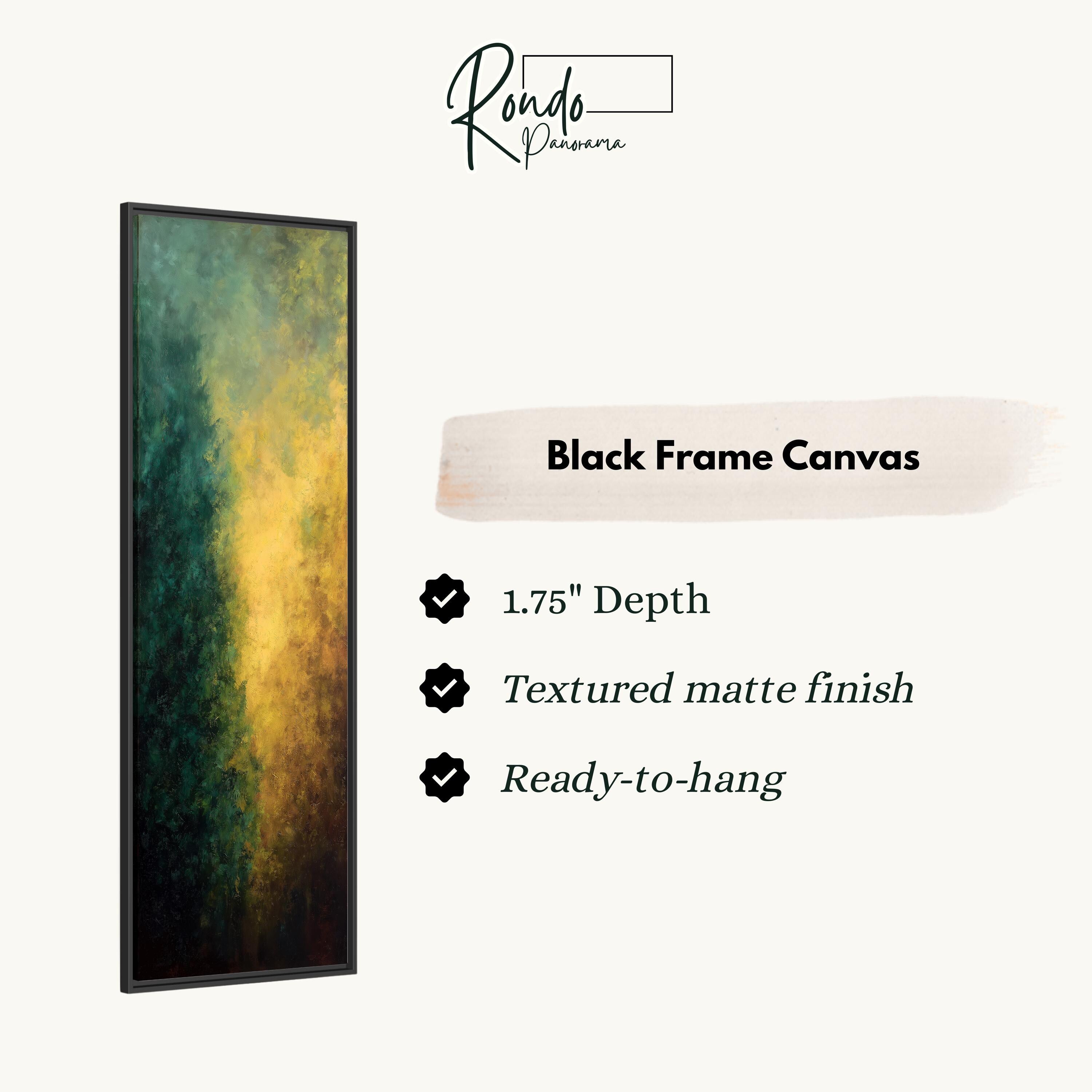 The image is a product description for a black frame canvas. It features a vertical painting with a gradient of green and yellow colors. The canvas is described as having a 1.75" depth, a textured matte finish, and is ready to hang.