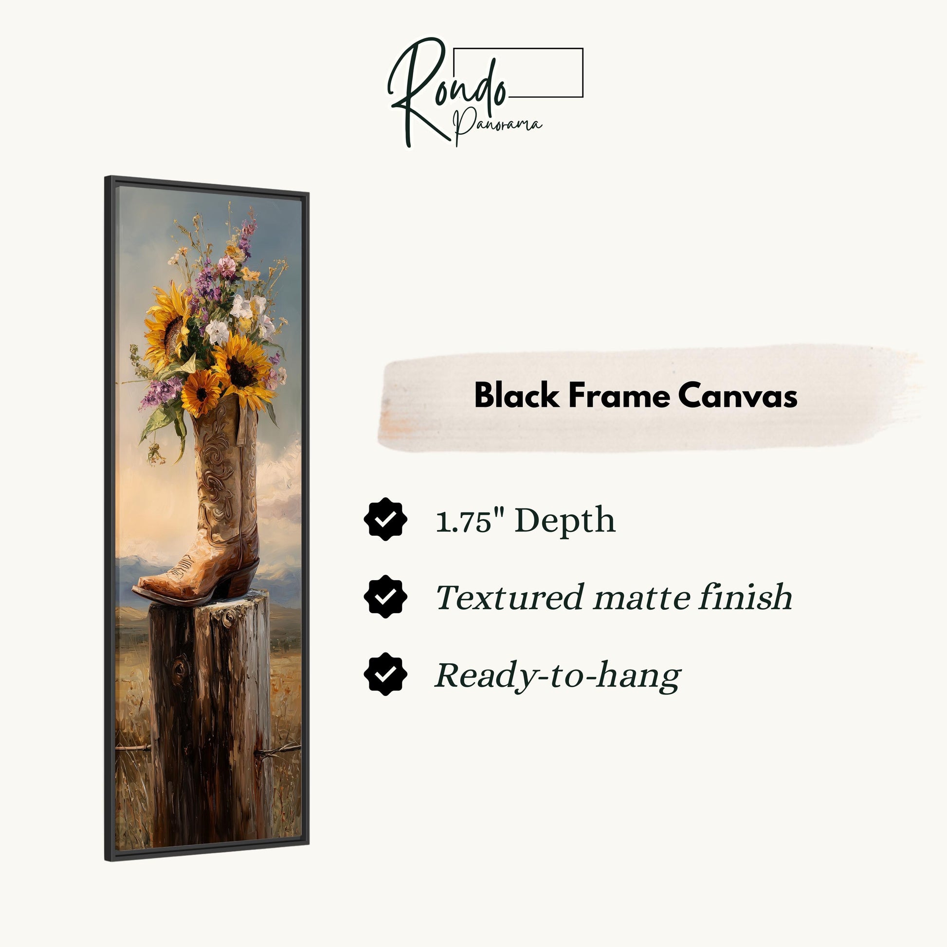 The image is a black frame canvas featuring a painting of a cowboy boot on a wooden post, with a bouquet of flowers inside the boot.