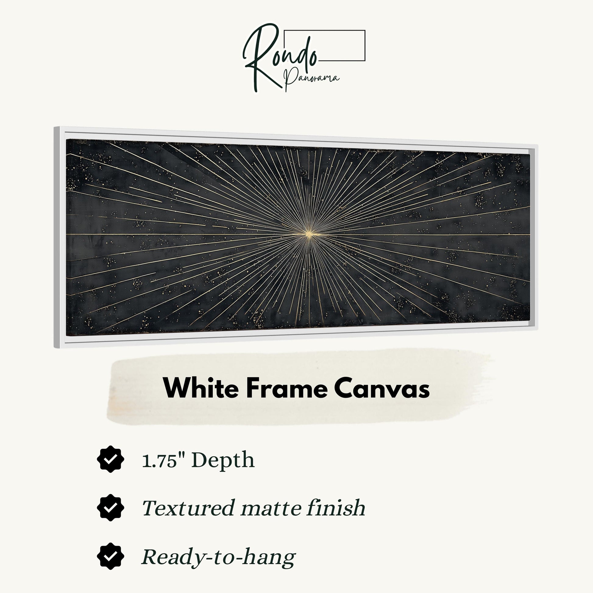 The image is a white frame canvas with a black background featuring a gold starburst design.