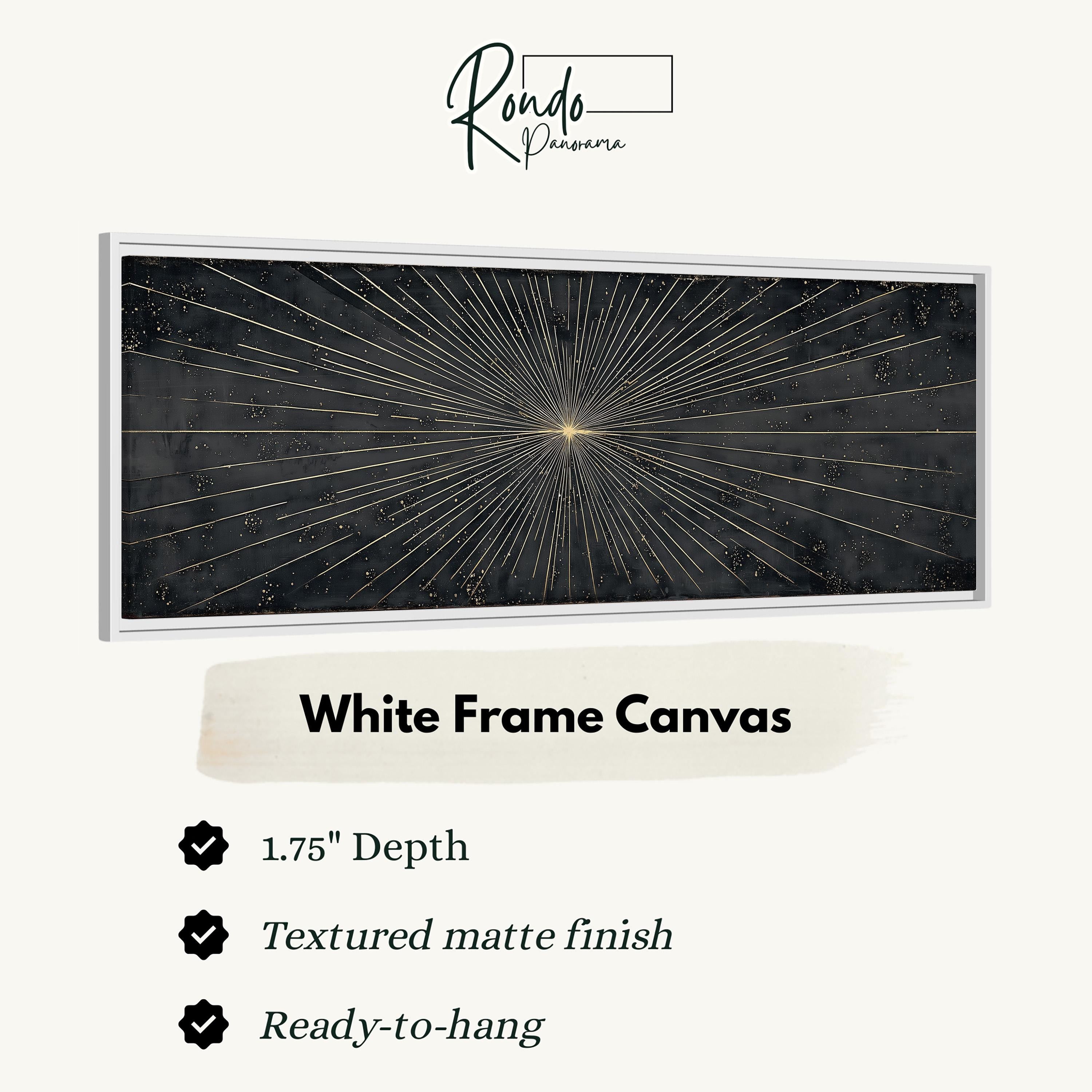 The image is a white frame canvas with a black background featuring a gold starburst design.