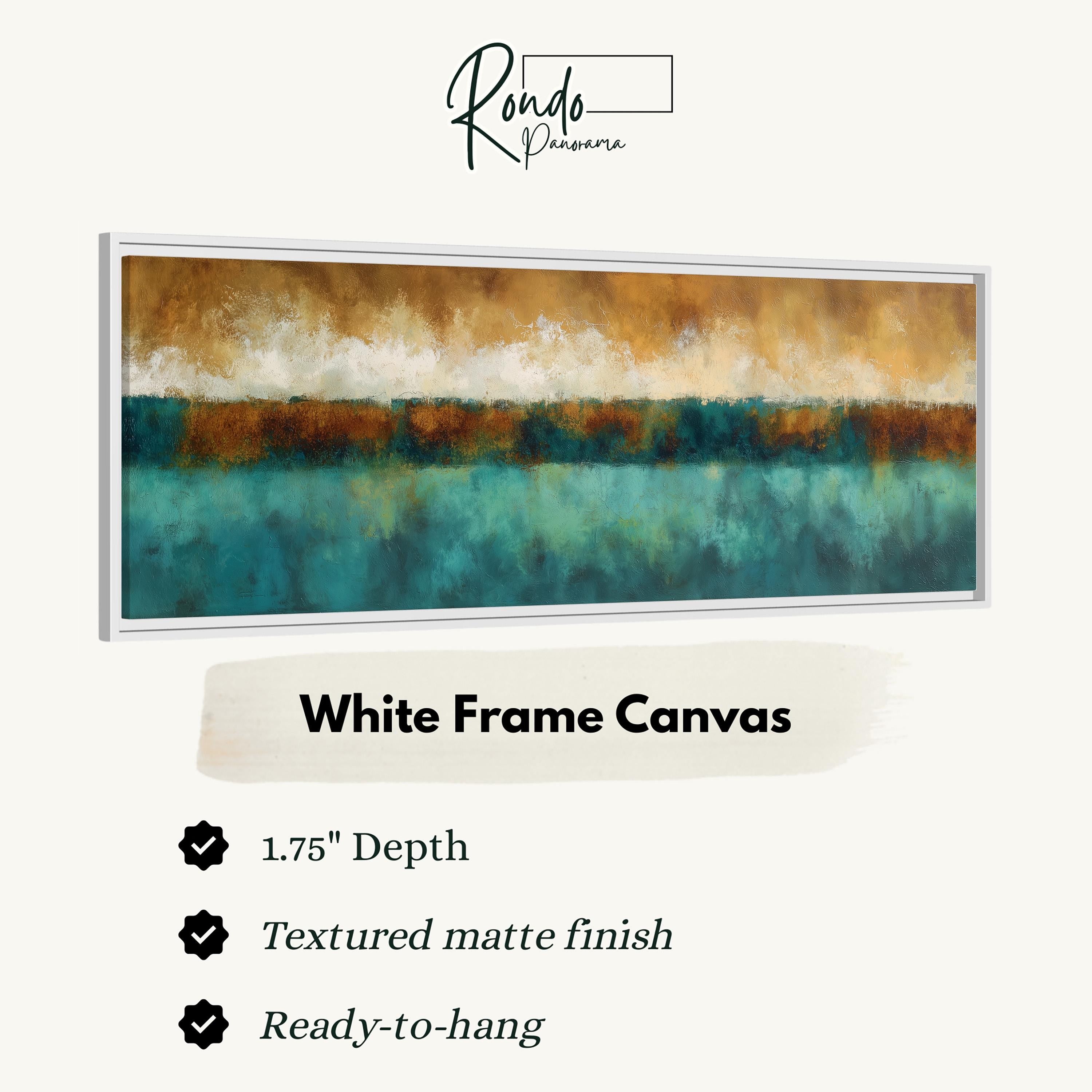 The image is a framed artwork depicting a landscape with a blue sky and green water. The frame is described as a "White Frame Canvas" with a depth of 1.75" and a textured matte finish. It is ready to hang.