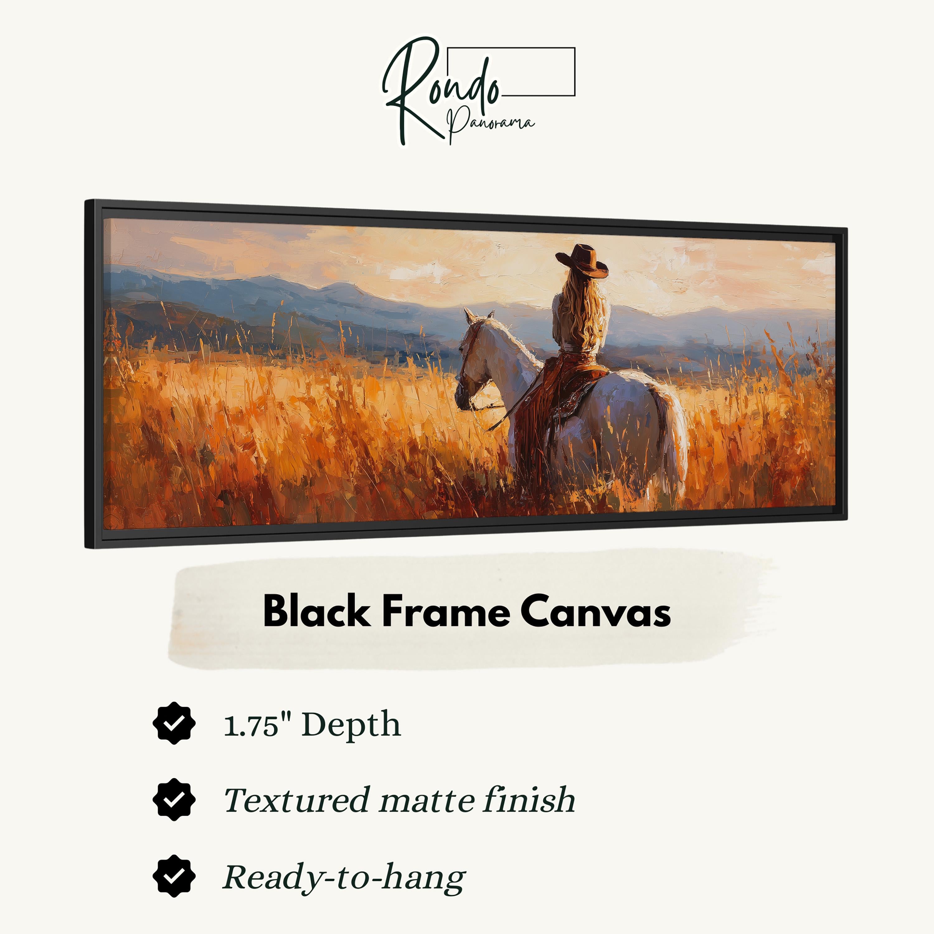 The image is a black frame canvas depicting a woman riding a horse in a field of tall grass.