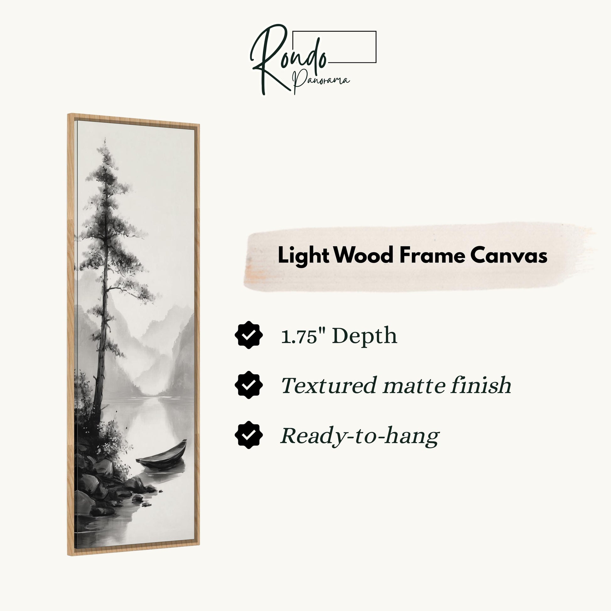 The image is a framed artwork depicting a serene landscape with a tree and a body of water.