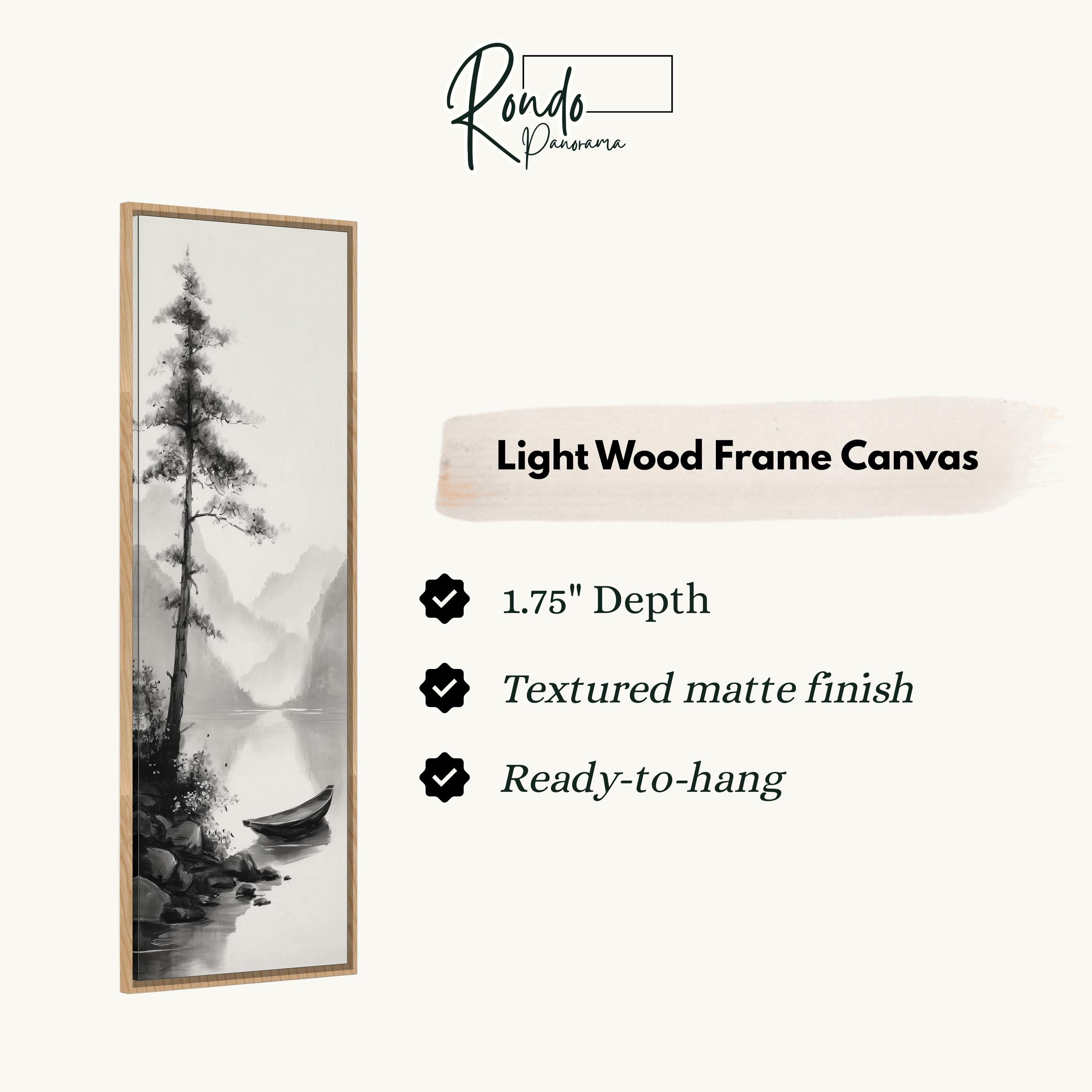 The image is a framed artwork depicting a serene landscape with a tree and a body of water.