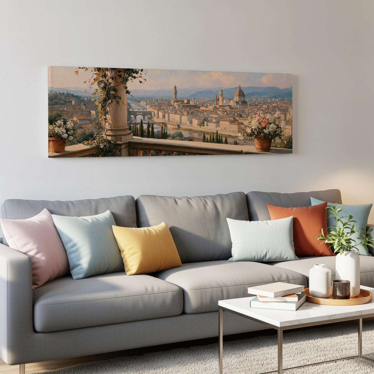 Florence skyline from a flowered balcony panoramic canvas print above a grey sofa in a living room