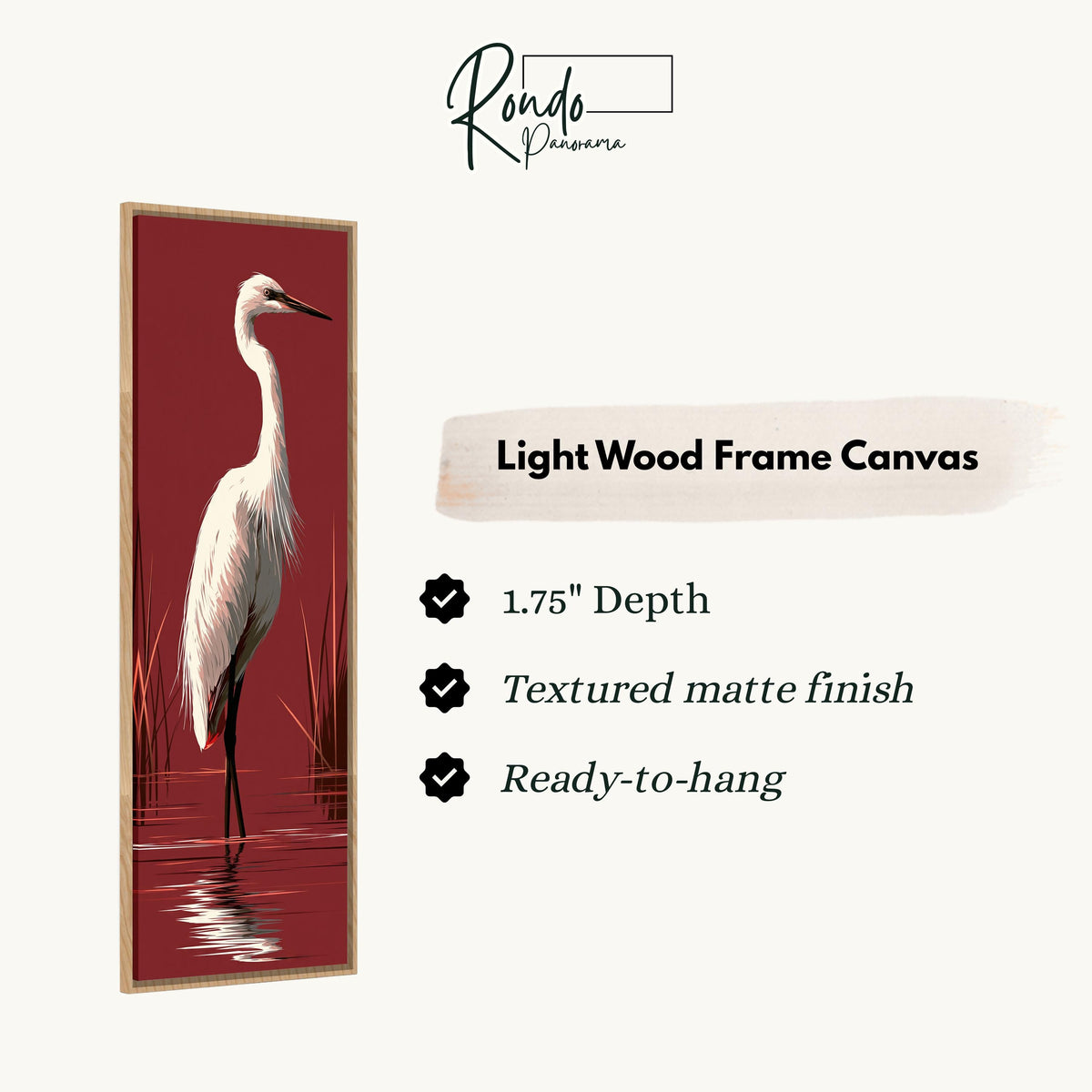 White egret wading on crimson red canvas print in a light wood floating frame