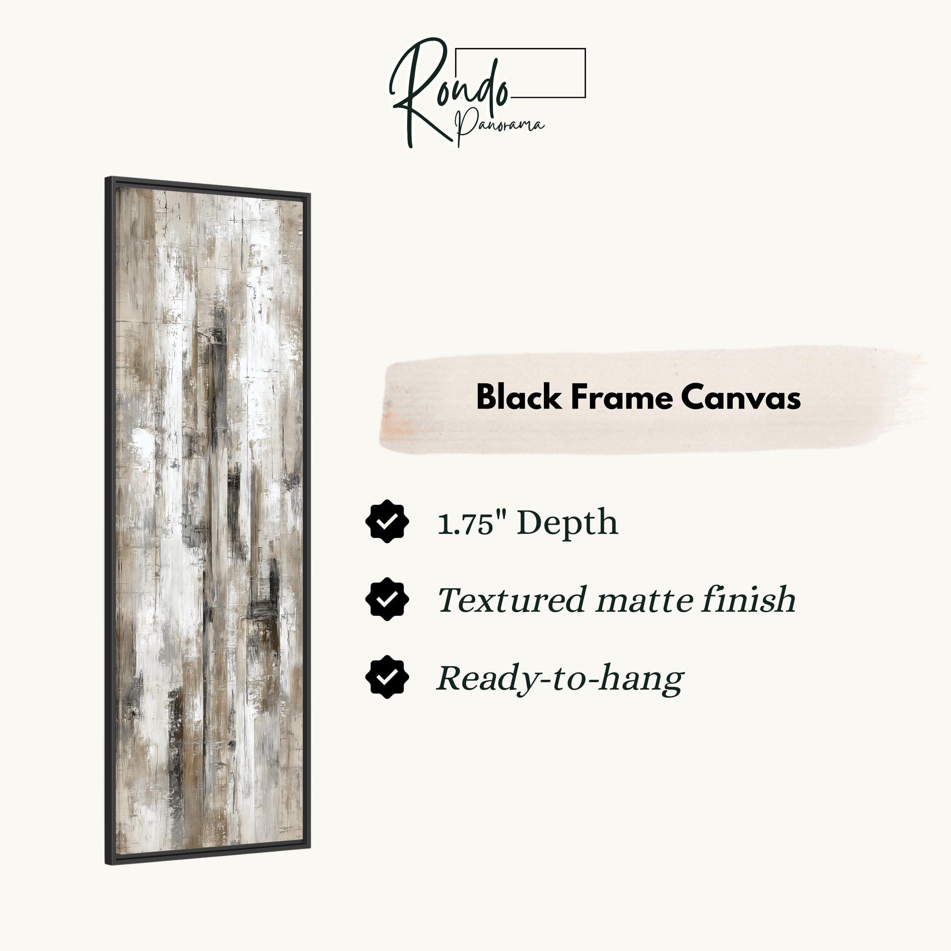 The image is a product description for a black frame canvas. It features a black frame canvas with a textured finish and a 1.75" depth. The canvas is ready to hang.