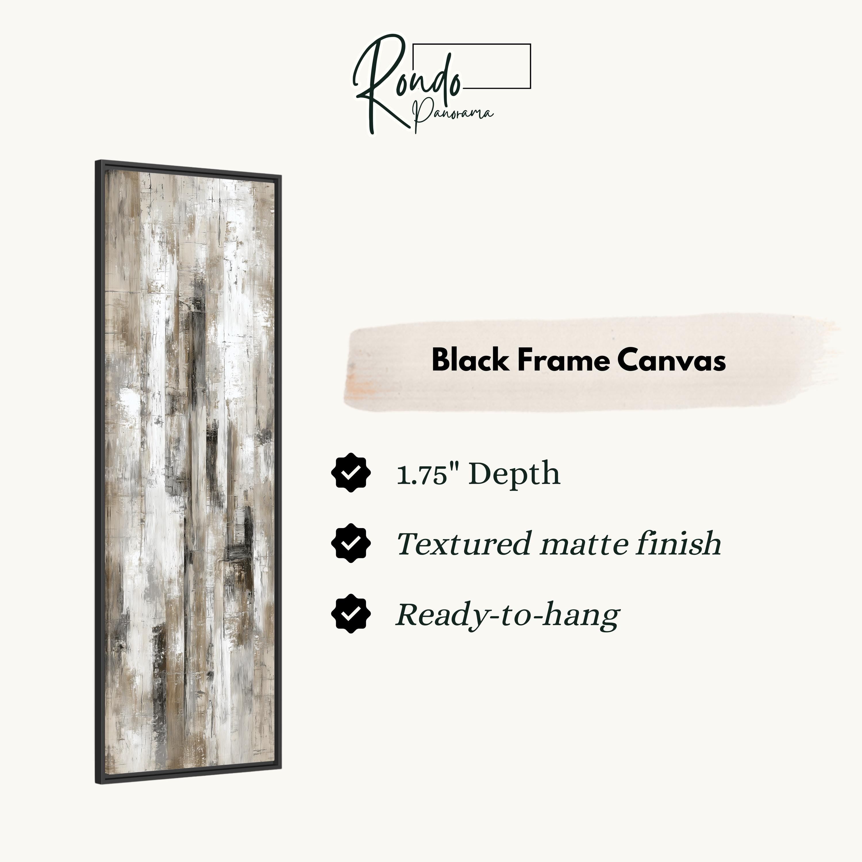 The image is a product description for a black frame canvas. It features a black frame canvas with a textured finish and a 1.75" depth. The canvas is ready to hang.