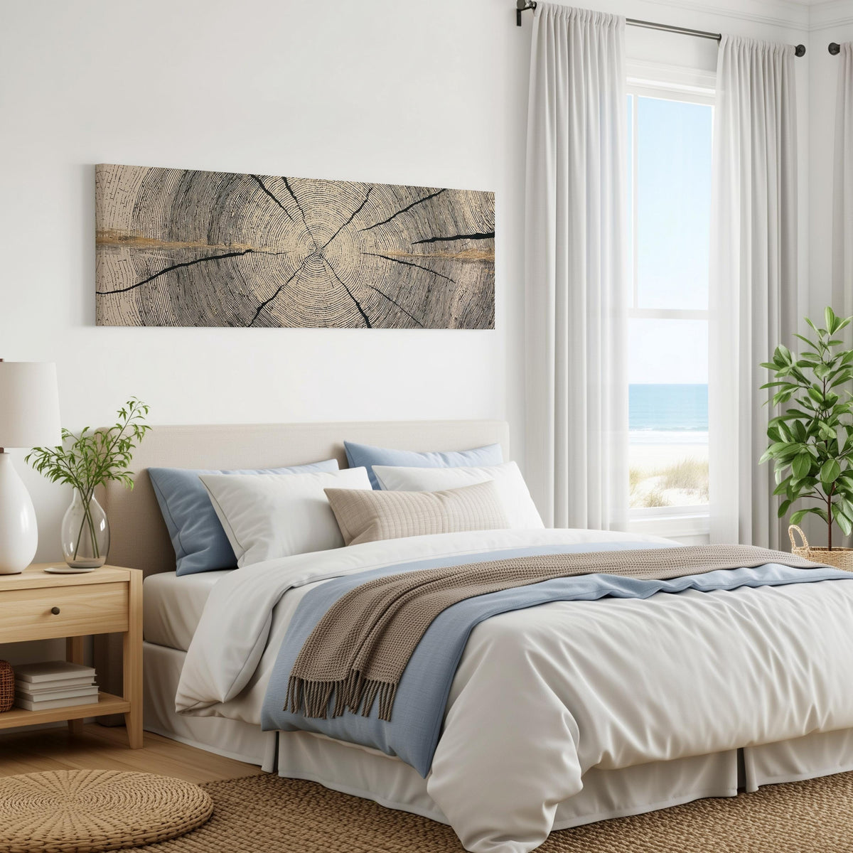 Pale gold wood ring panoramic canvas print above a bed in a coastal bedroom