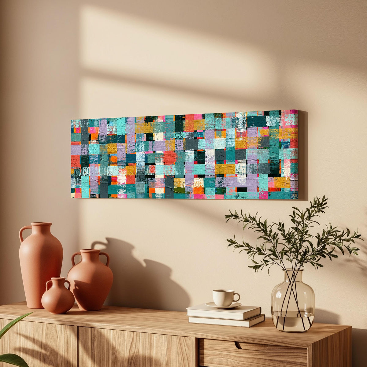 Woven grid of teal and pink blocks long horizontal canvas print above a wooden sideboard