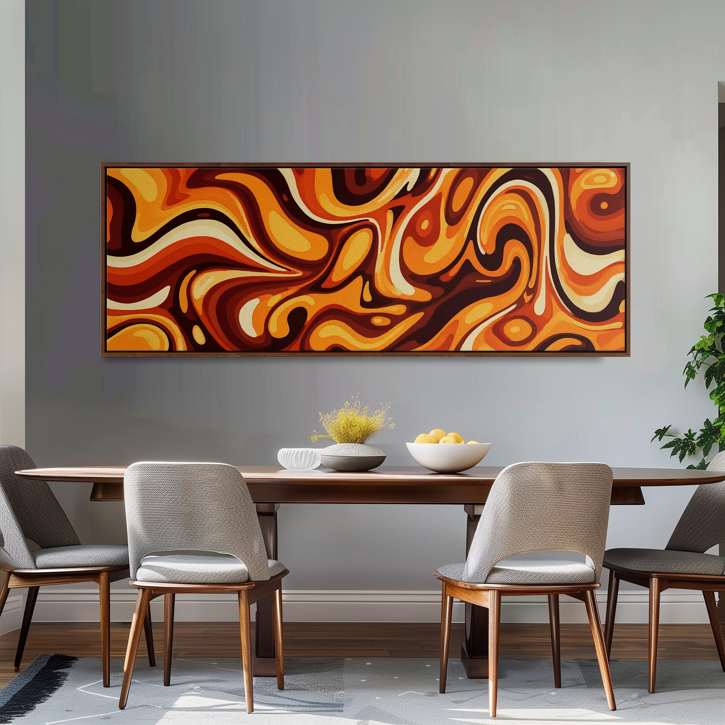 a dining room with a large abstract painting hanging on the wall above a wooden table with four chairs. The table is set with a bowl of fruit and a vase of flowers, creating a warm and inviting atmosphere.
