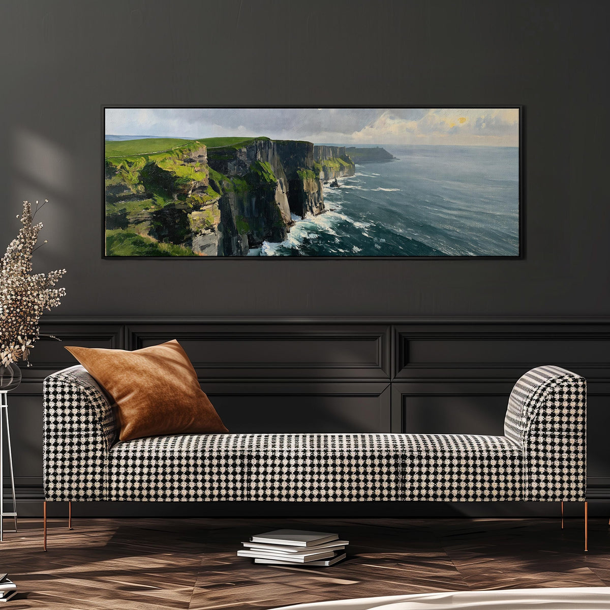 Emerald sea cliffs wide panoramic canvas print above a bench in a dark living room