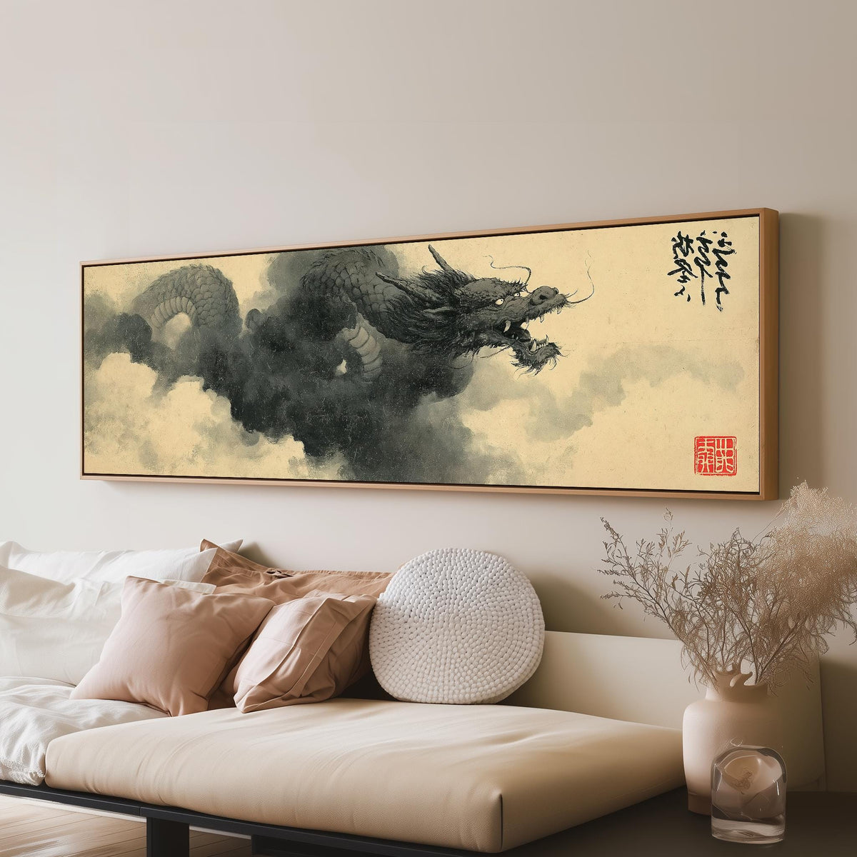 Storm dragon emerging from ink clouds long horizontal canvas print displayed on a wall