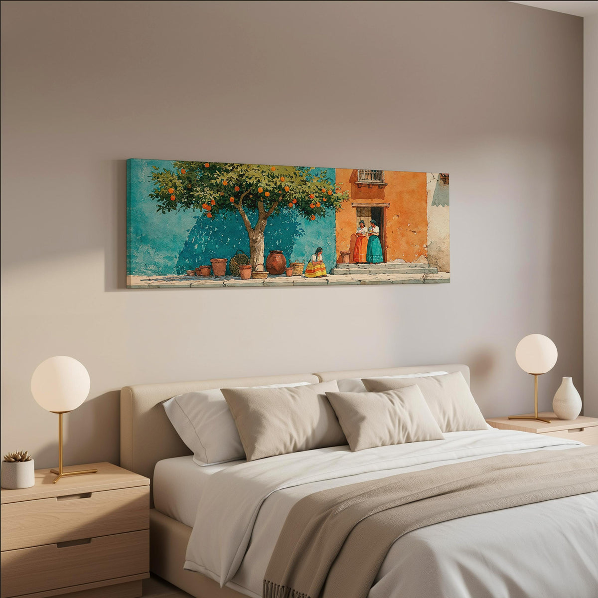 Orange tree on a colorful village street wide panoramic canvas print above a bed in a neutral bedroom