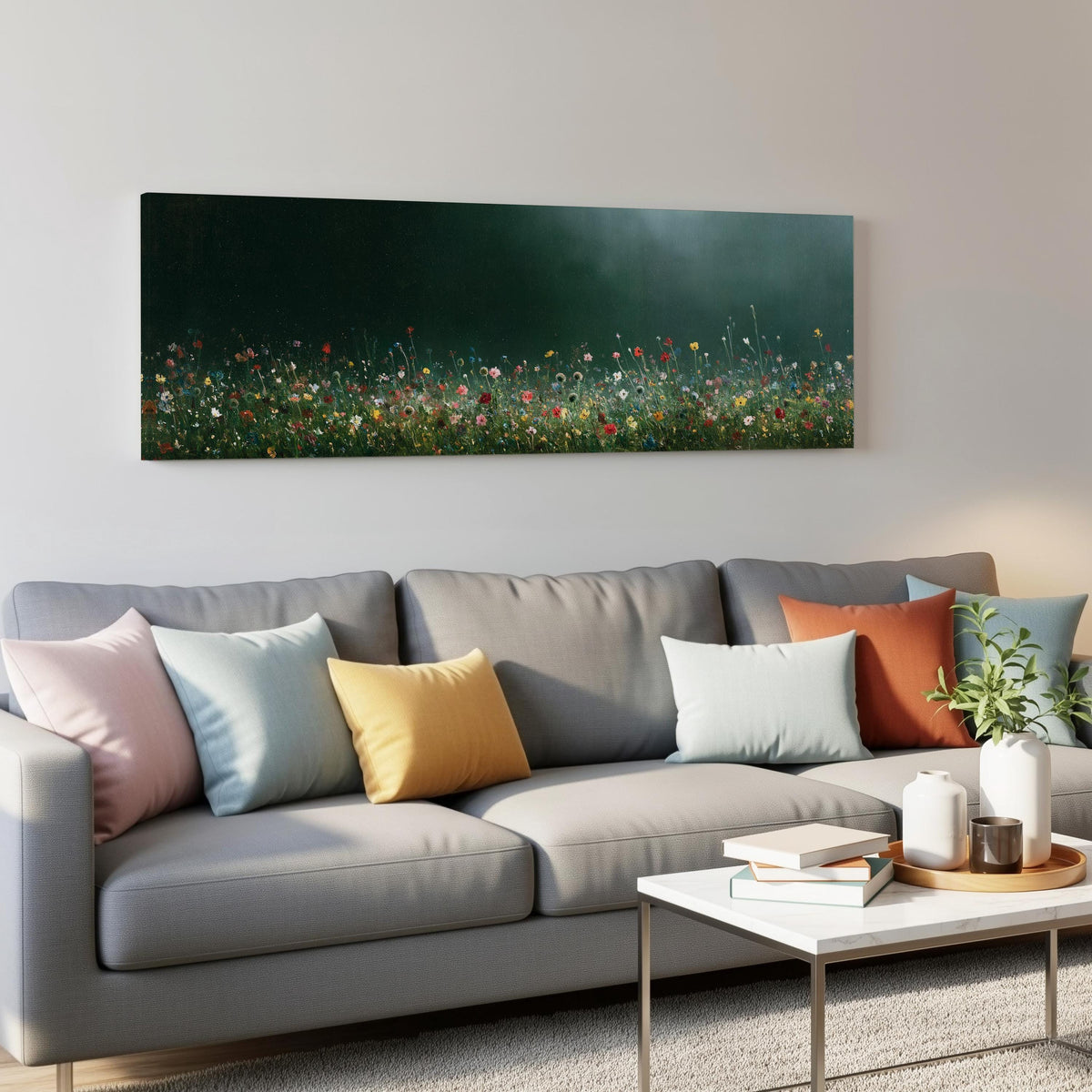 Wildflower field under a misty teal sky panoramic canvas print above a grey sofa in a living room