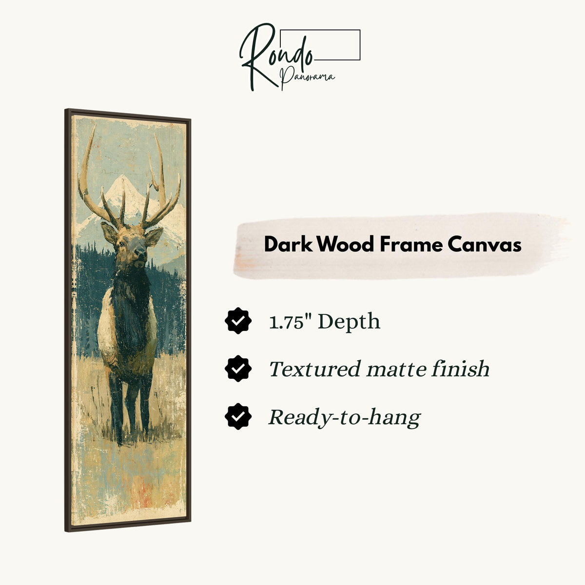Rustic elk standing in an alpine meadow canvas print in a dark wood floating frame
