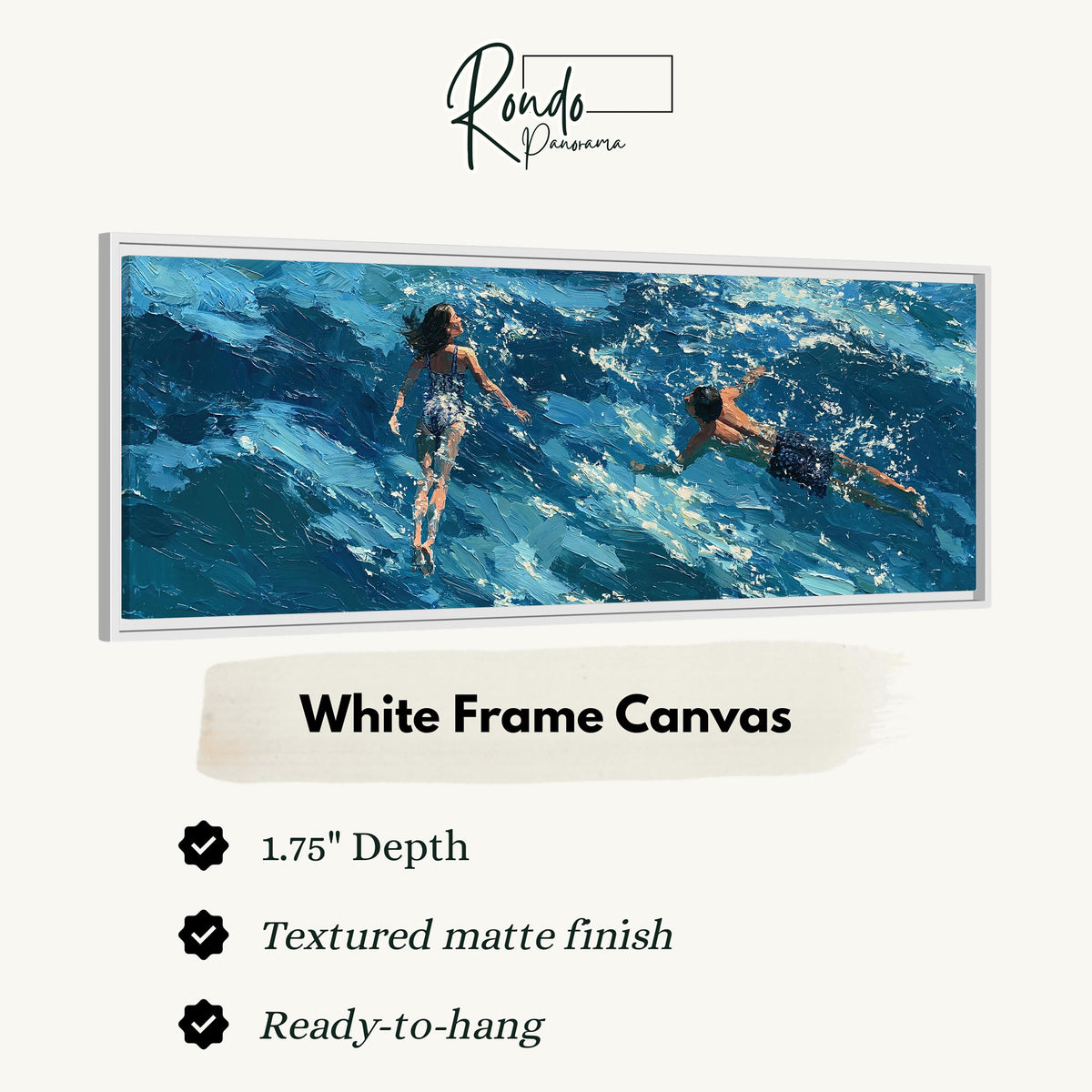 Two swimmers in turquoise waves canvas print in a white floating frame