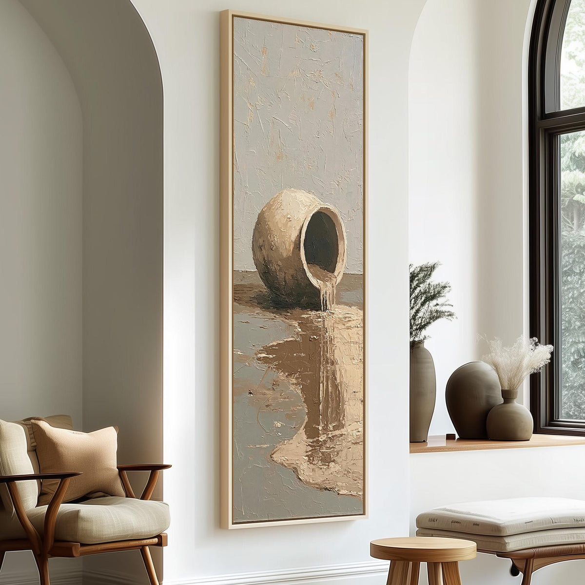 Overflowing clay jug tall skinny canvas print in a sunlit living space