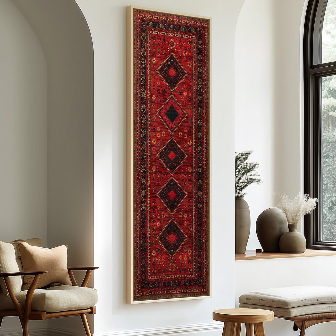 Red Persian rug pattern long vertical canvas print in a sunlit living space