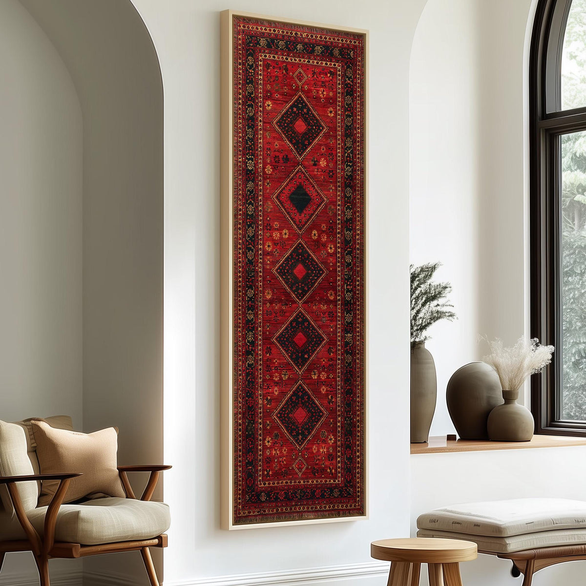 Red Persian rug pattern tall skinny canvas print in a sunlit living space