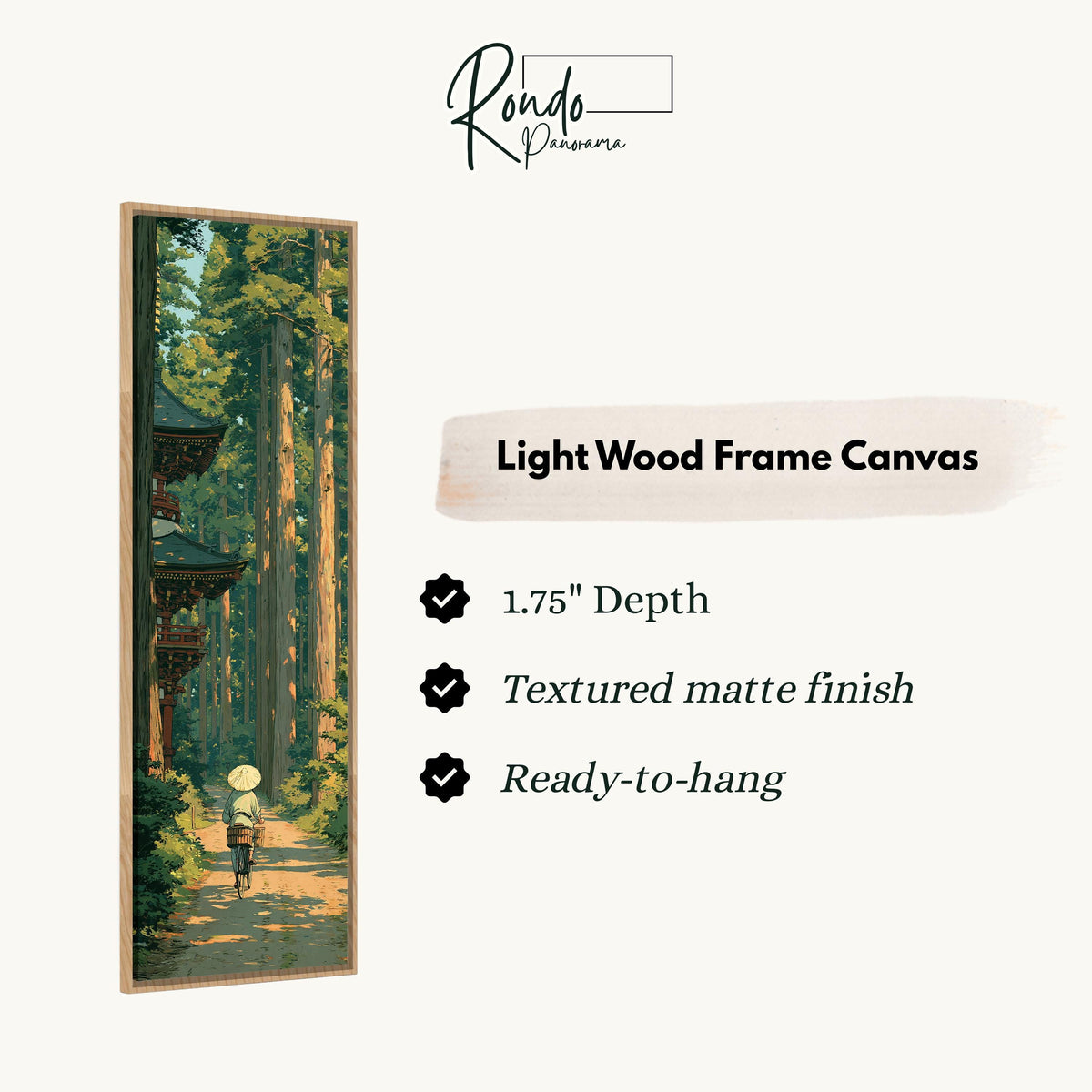 Walker on a cedar forest path by a pagoda canvas print in a light wood floating frame
