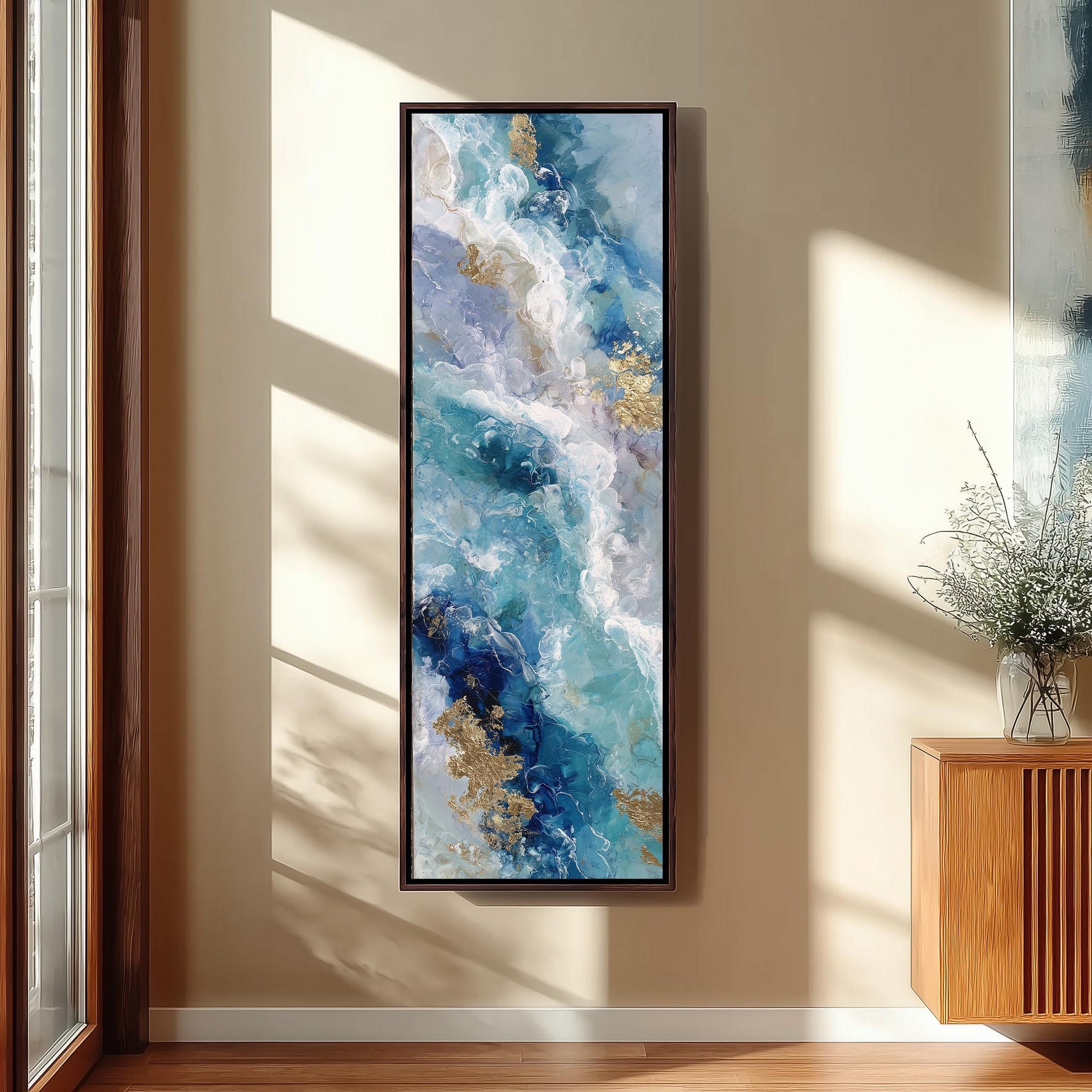 a large, colorful abstract painting hanging on a wall in a room with wooden paneling.