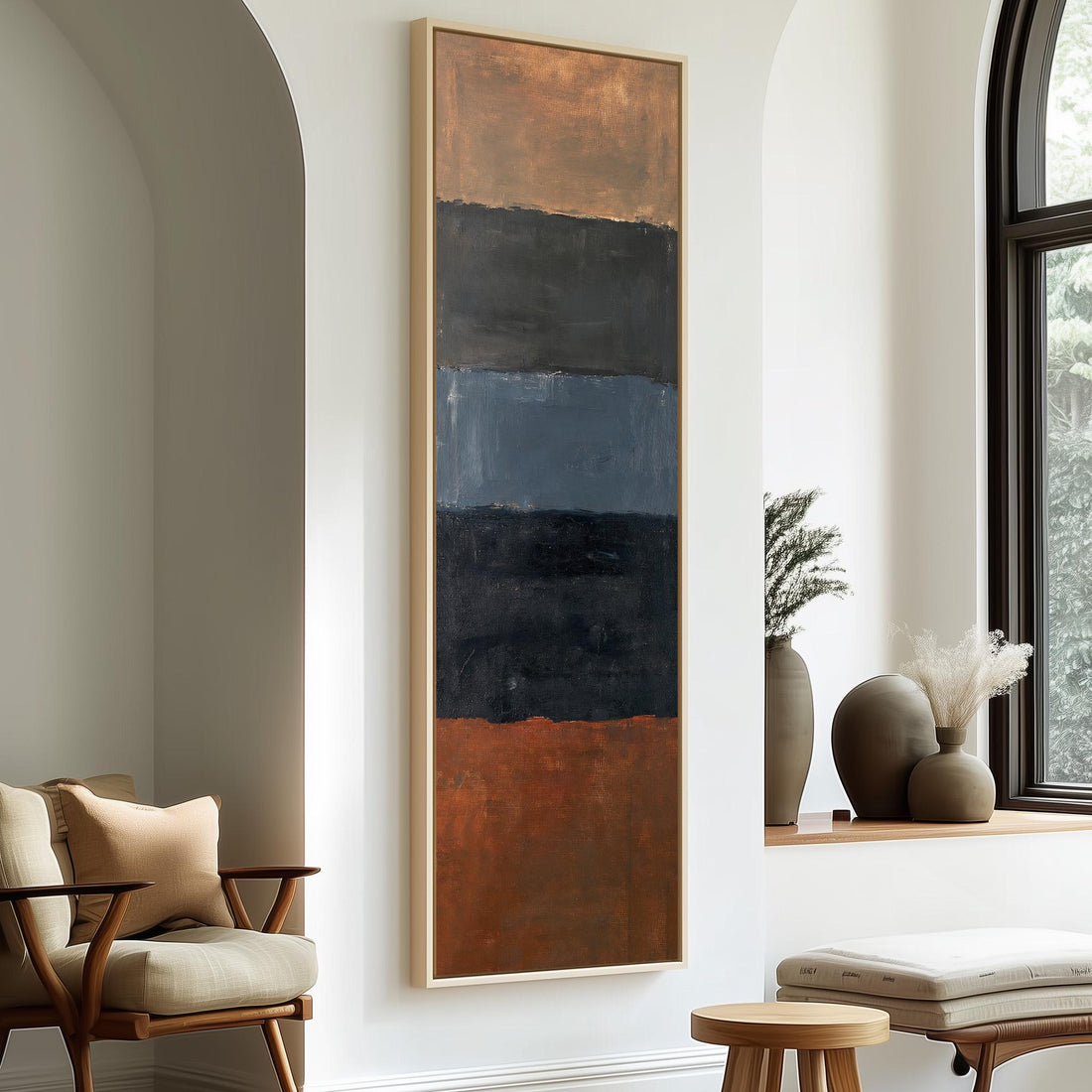 Moody color field bands in rust and navy long vertical canvas print in a sunlit living space