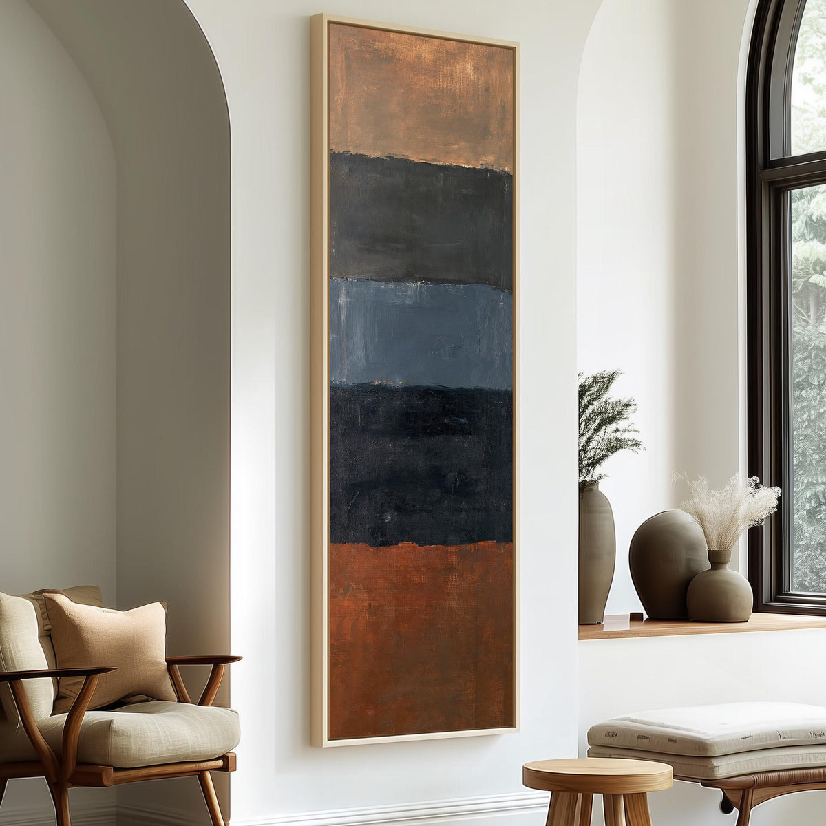 Moody color field bands in rust and navy tall skinny canvas print in a sunlit living space