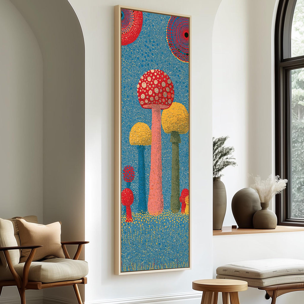 Mushrooms in a blue speckled meadow tall skinny canvas print in a sunlit living space